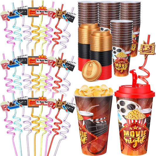 Yungyan 16 Sets Movie Night Party Favors Goodie Cups with Lids and Straws for Halloween Party Decorations Reusable 16oz Plastic Candy Cups Plastic Straws for Birthday Gift(Movie Night)