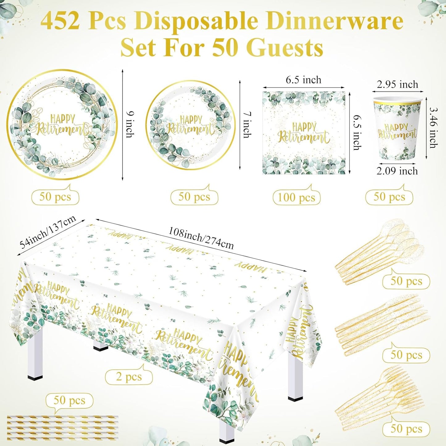 452 Pcs Sage Green Retirement Party Supplies Happy Retirement Paper Plates Napkins Cups Tablecloth Cutlery Straws for Men Women Employee Coworker Teacher Farewell Party Decorations