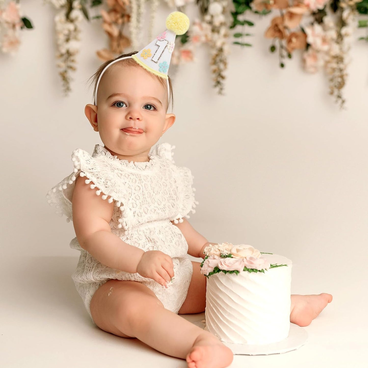 WAUAO Colorful Flower 1st Birthday Cone Hat for Girls - Cute & Adorable Floral Crown, First Birthday Decorations