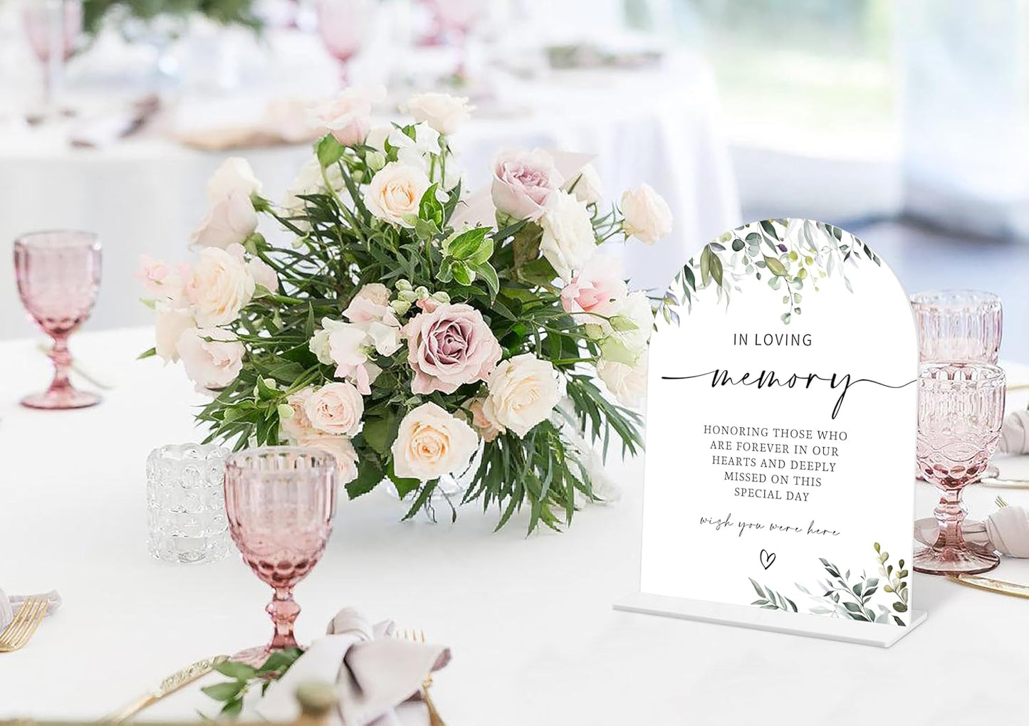 Greenery In Loving Memory Sign, 6 x 8 Inch White Arch Acrylic Wedding Sign with Holder, Wedding Sign for Ceremony and Reception, Wedding Decoration, Wedding Supplies - LY05