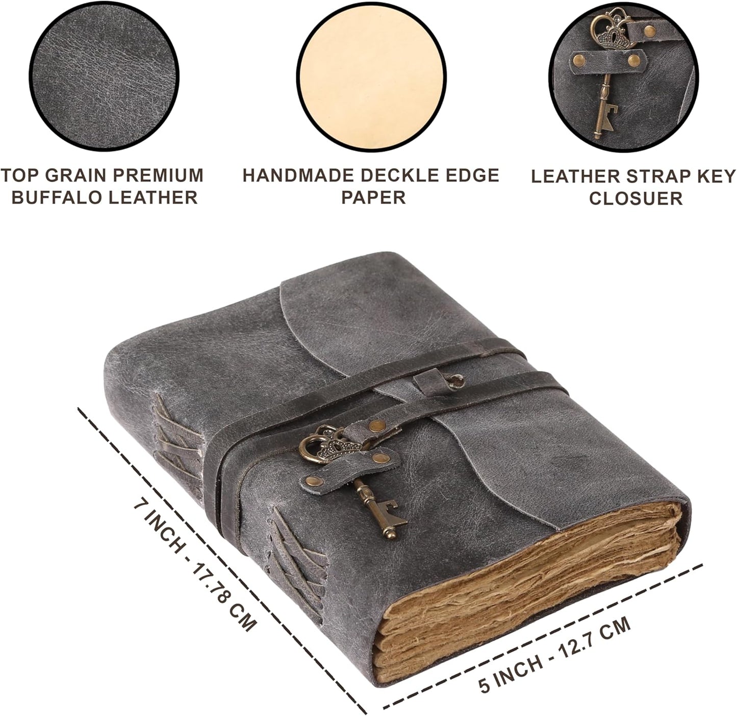 Leather Journal with Lined and Unlined Deckle Edge Paper 8x6 inch and Vintage Key | Handmade Writing Notebook Diary | Bound Daily Notepad for Men & Women Medium, Sketch/Writing pad for Artists