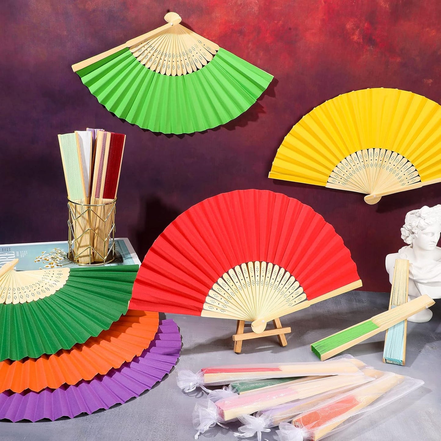 Chunful 100 Pieces Paper Hand Fan Multicolor Bamboo Folding Fans Handheld Chinese Decorative with Organza Bags for Wedding Bridal Church Dancing Home Craft DIY Decoration Party Favors Summer
