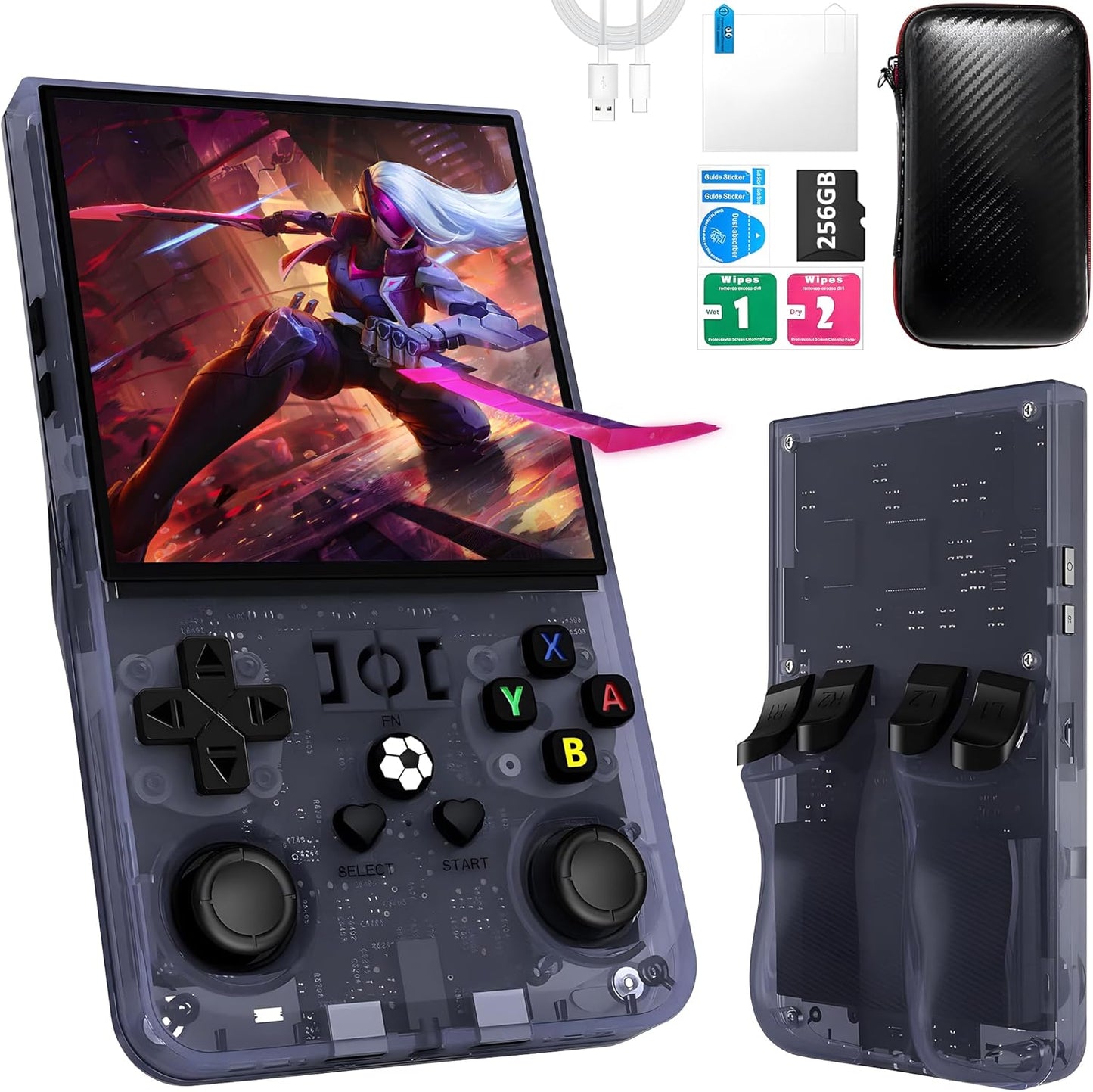 R36MAX Handheld Game Console, 40000+ Games Retro Gaming Console, 256GB TF Card Mini Retro Video Console, 4000mAh Rechargeable 4.0" IPS HD Screen Portable Pocket Arcade (Transparent Grey)