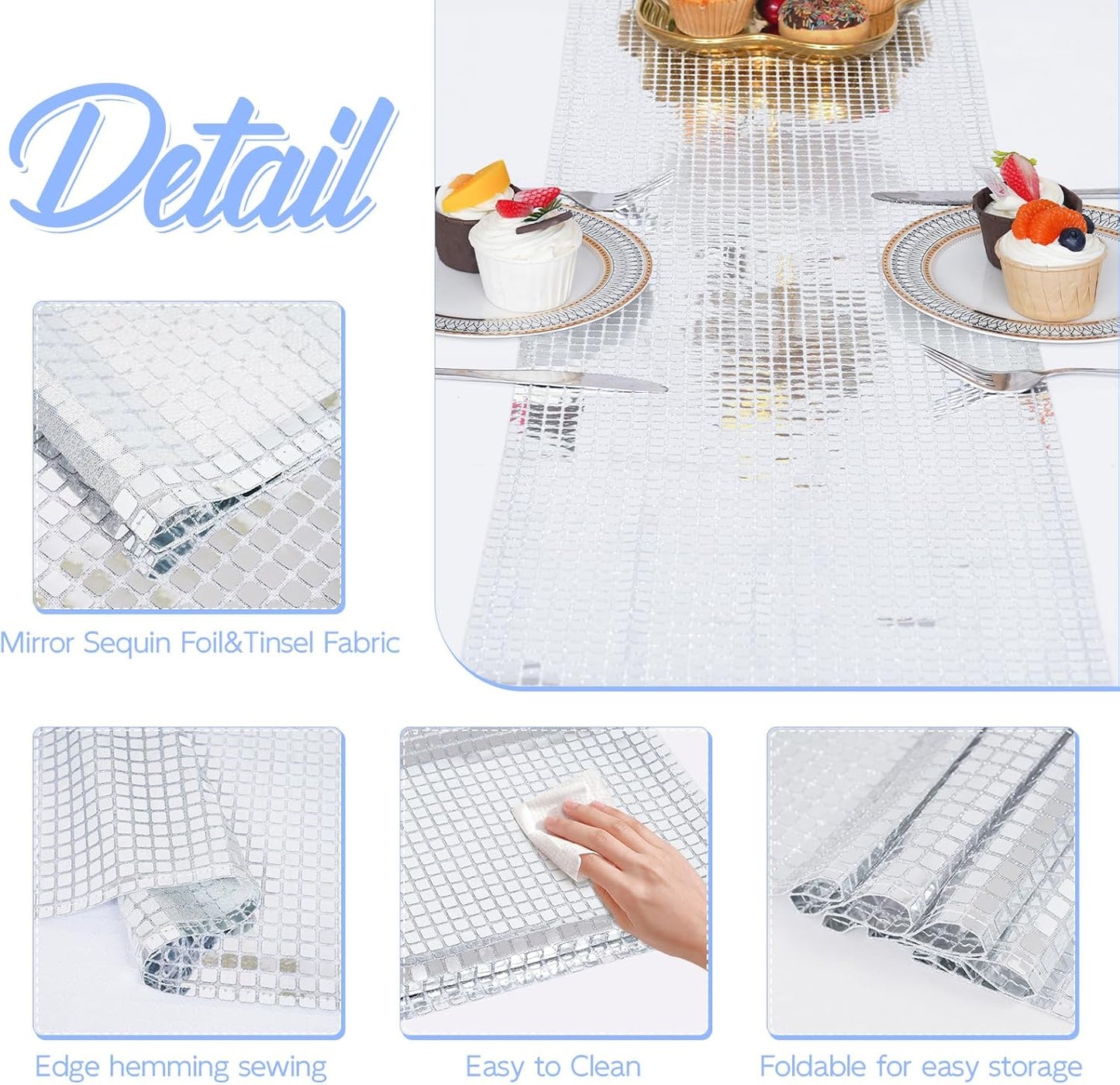 SquarePie Disco Table Runner 1 Pack - Silver Mirror Sequin Glitter Foil Runner for Disco Party Decor Retro 70s 80s Theme, Bachelorette Birthday Dance Decoration 12x108 Inch