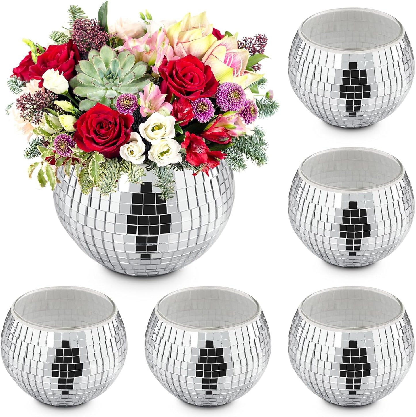 Luditek 6 Pcs Disco Ball Vases, Table Centerpieces for Wedding Birthday Christmas Party, Disco Ball Decor for Home Mirror Glass Vase Silver Ornaments Unique Gifts for Flower Plant Lover
