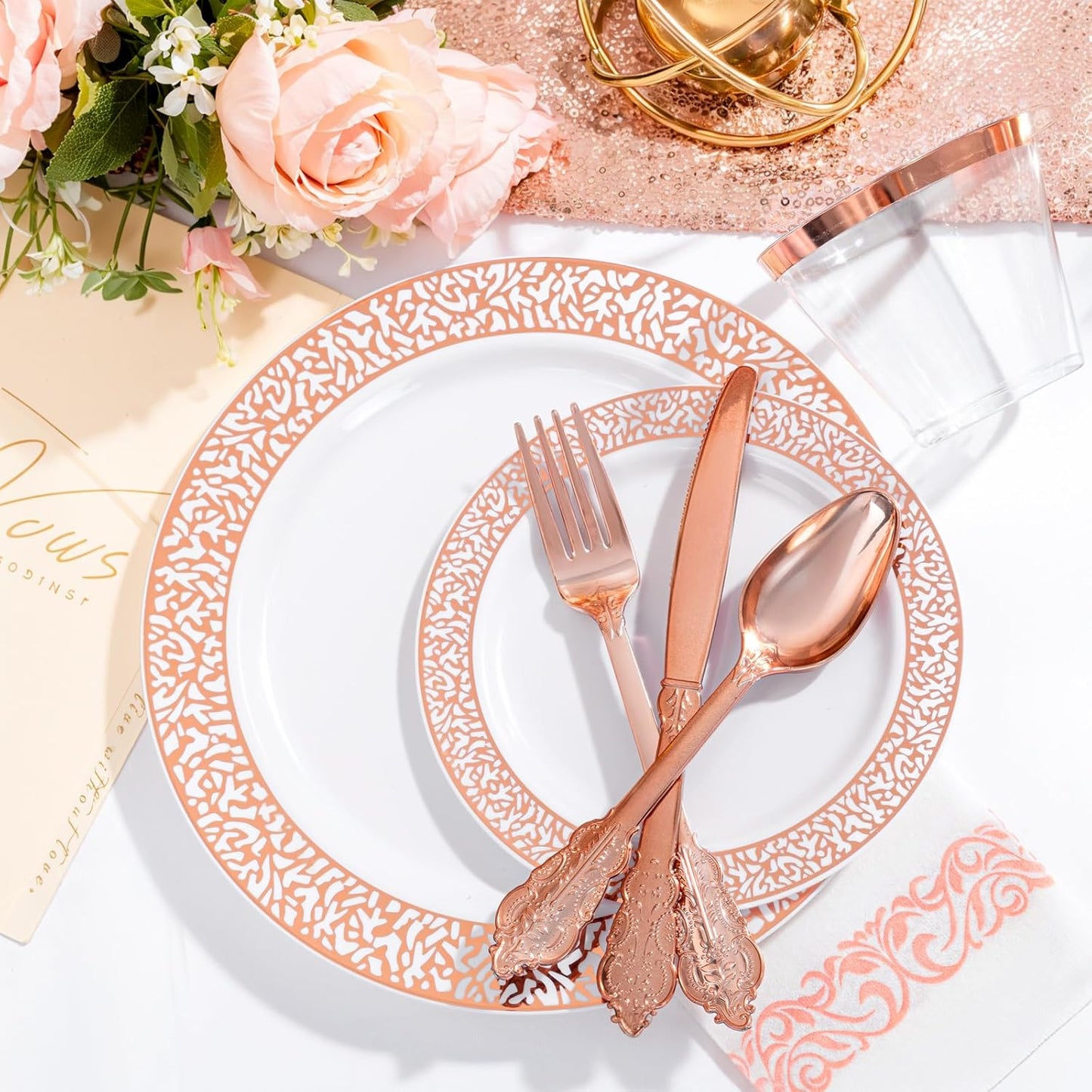 Festiva 350PCS Rose Gold Plastic Dinnerware Set - Disposable Lace Rose Gold Plates and Napkins Party Supplies - include plates,napkins,cups,silverware - Serve for 50 Guests Party&Wedding&Mother's Day