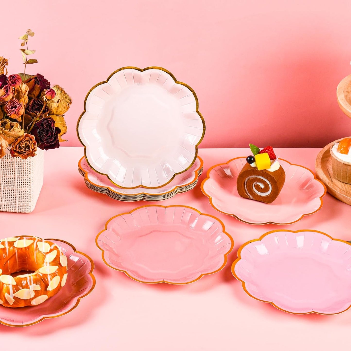 Pink Party Plates Gradient Pink Dessert Paper Plates 7inch Gold Foil Scalloped Edge Disposable Cake Plates for Tea Party Birthday Bridal Baby Shower Wedding Party Supplies (48)