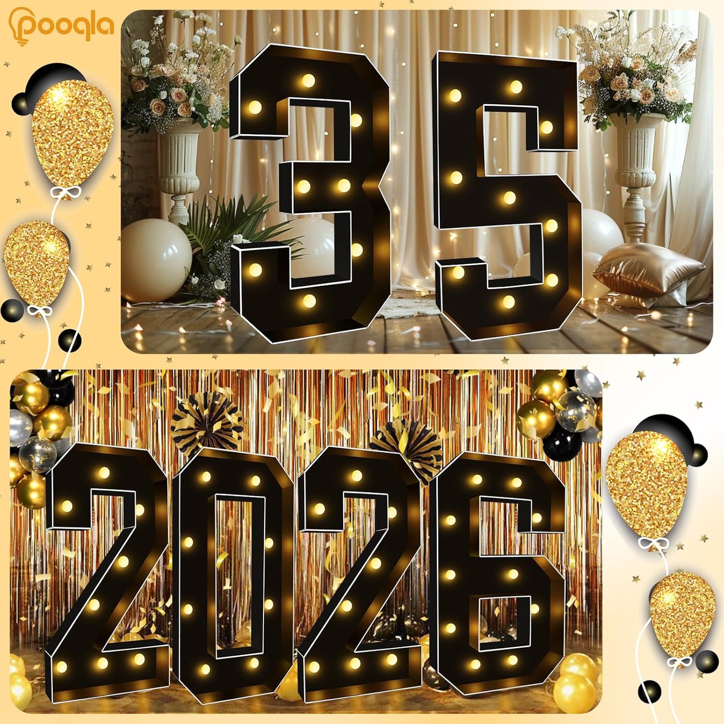Pooqla 3FT Marquee Light Up Numbers, Black Lighted Party Decor for her him Women Men, Giant Mosaic Light Up Numbers for 1st 16th 21st Birthday Anniversary Decoration, Number 1