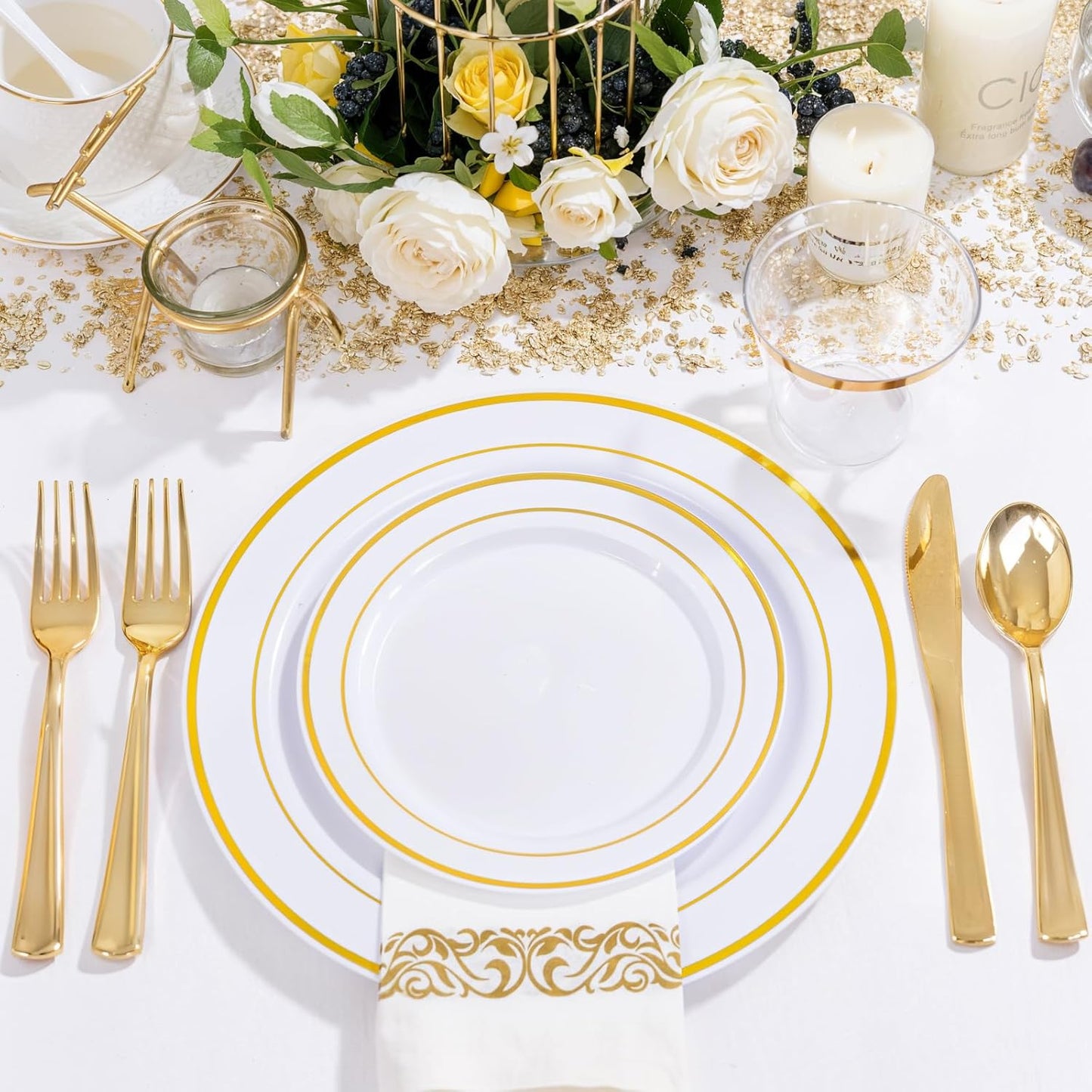 NOCCUR 700PCS Gold Disposable Dinnerware Set for 100 Guests - Include 200 Gold Dinner/Dessert Plates, 100 Napkins, 100 Cups, 300 Plastic Silverware for Wedding/Party/Thanksgiving