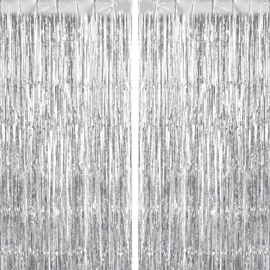 2 Pack Silver Fringe Curtains Foil Shiny Fringe Backdrop Tinsel Door Streamers Foil Curtains for Birthday Wedding Engagement Bridal Shower Celebration Party Decorations Large