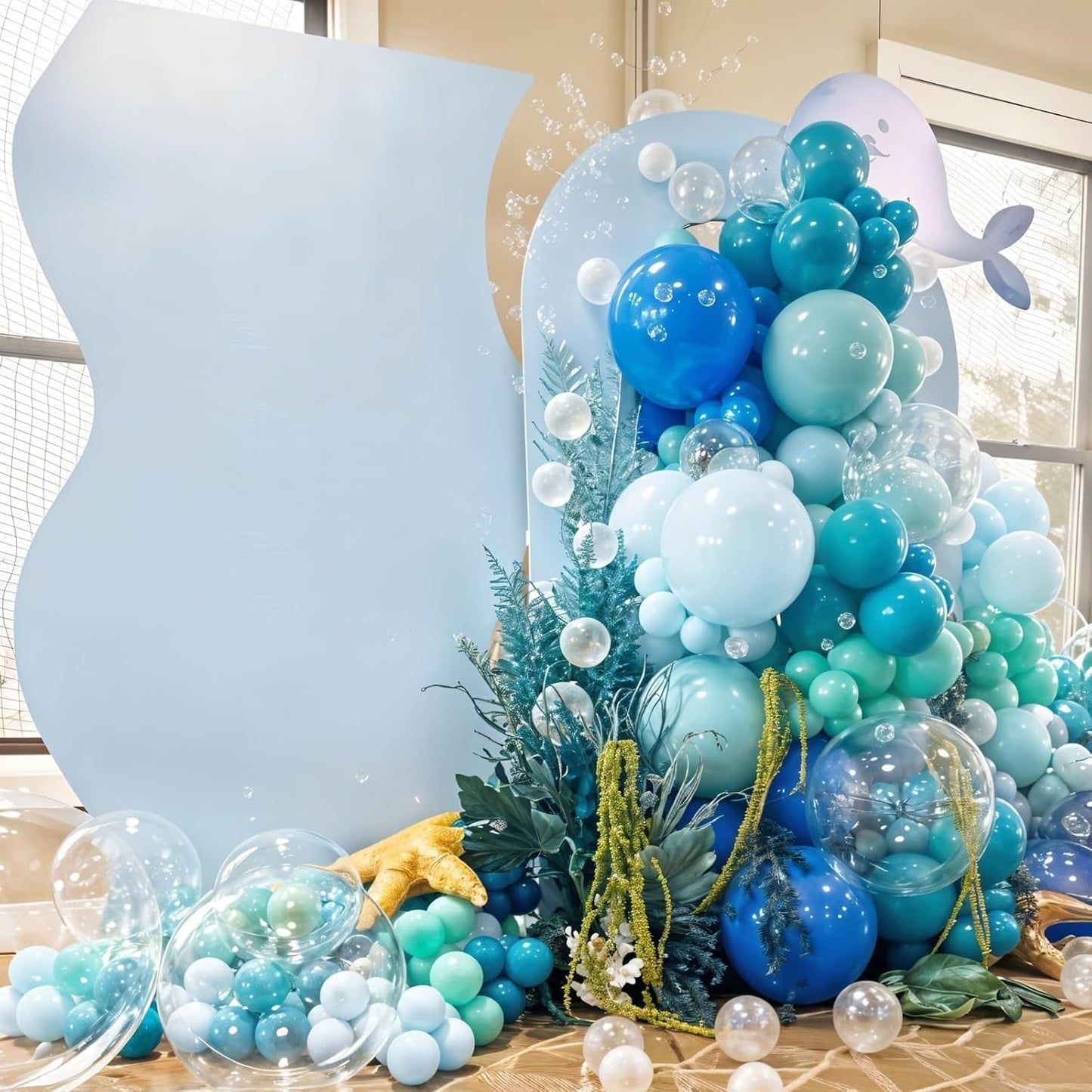 Ocean Balloons, 12 Inch Dark Light Blue Teal Clear Pearl Transparent Metallic Latex Balloons for Boys Girls Ocean Themed Party Decorations Sea Theme Pool Party Baby Shower Beach Backdrop Supplies