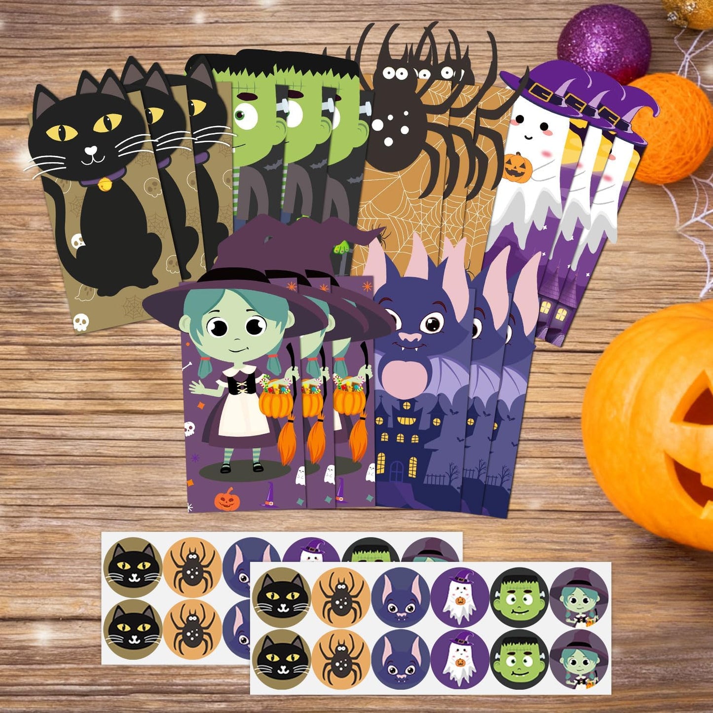 Tikitup Halloween Treat Bags-24pcs Trick or Treat Goody Bags with 24pcs Stickers,Mini Paper Gift Bags for Treats Snacks, Goodie Bags Party Supplies, Holiday Pastries Supplies