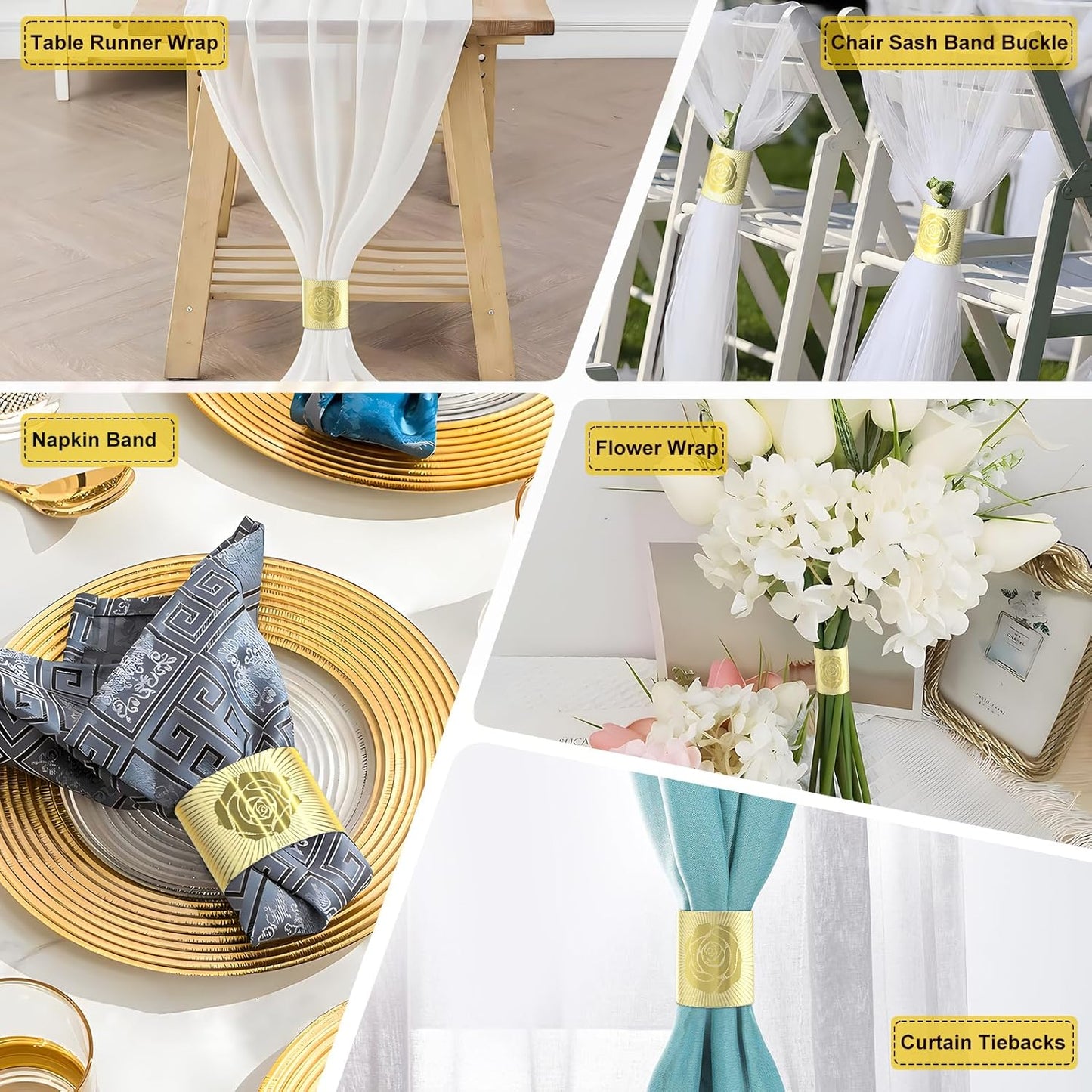 Polymer Material Reusable Napkin Band, Glue-Free Tear-Proof Water Resistant Oil-Proof Napkin Bands Set of 50(Front Gold Color and Back Silver), 6 Adjustable Sizes Napkin Rings