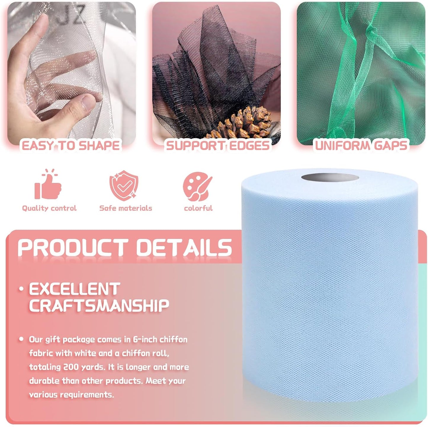 6" x 200 Yards Light Blue Tulle Fabric Rolls, Blue Spool Tulle Ribbon for DIY Tutu Skirt Wedding Decoration Baby Shower Birthday Party Backdrop Gift Wrapping Bow Craft Supplies