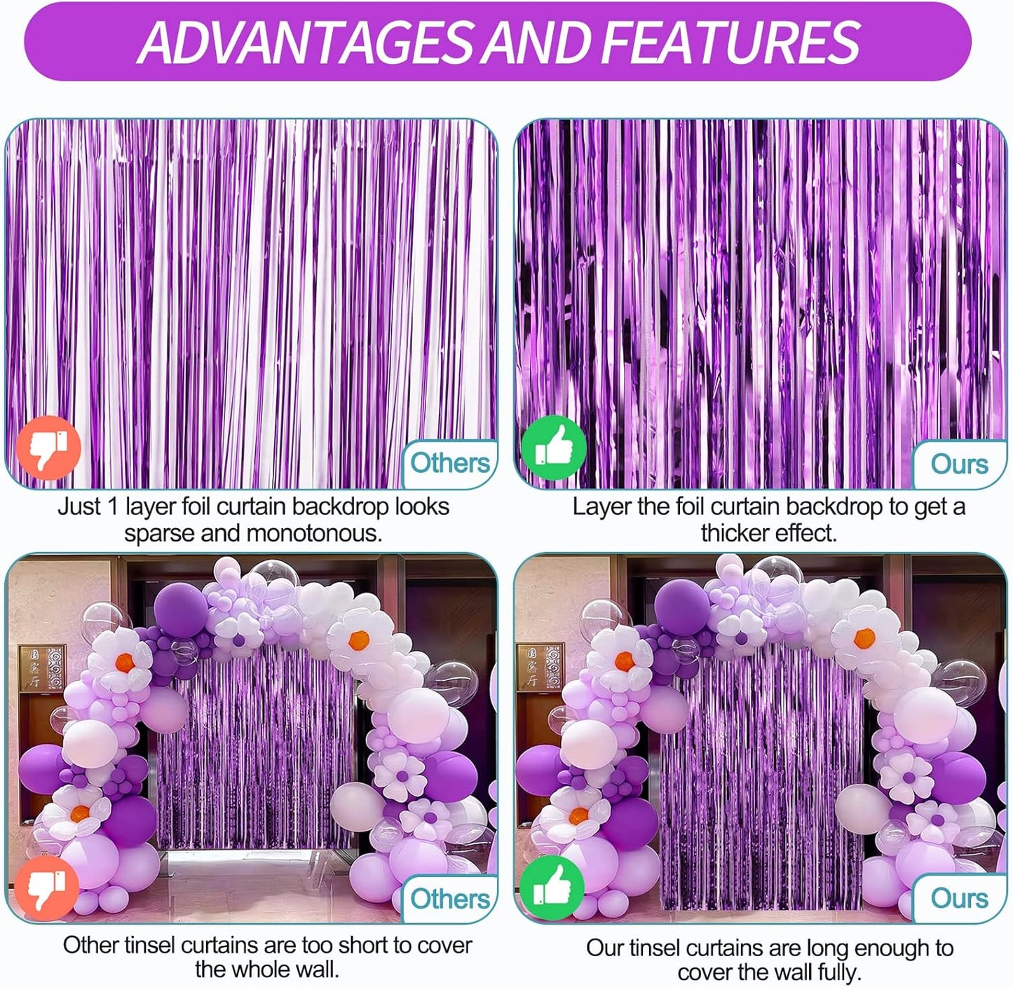Crosize 3 Pack 3.3 x 9.9 ft Purple Foil Fringe Backdrop Curtain, Streamer Backdrop Curtains, Streamers Birthday Party Decorations, Tinsel Curtain for Parties, Galentines Decor