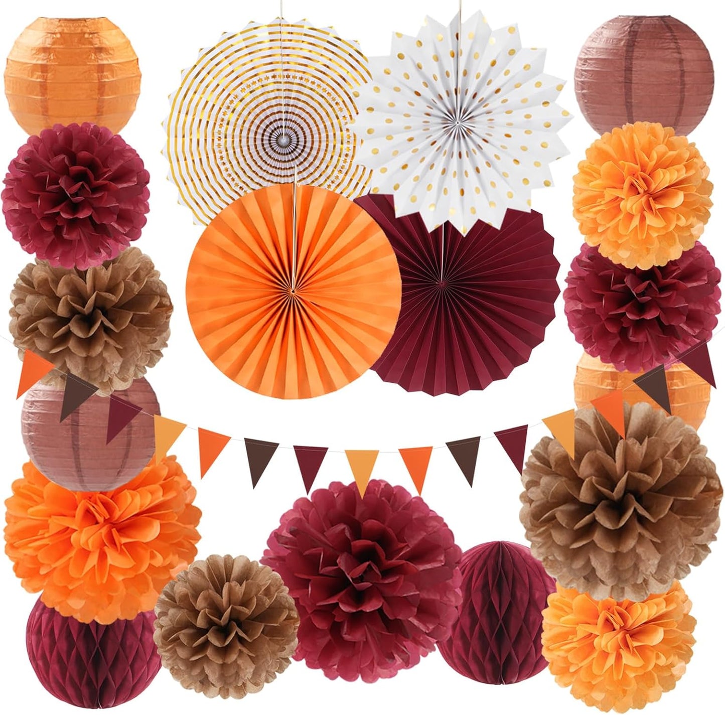 Burgundy Brown-Orange Baby-Shower Boho Party-Decorations - 20pcs Fall Autumn Paper Lanterns Fans,Tissue Pom Poms,Honeycomb Balls,Wedding Birthday Bridal Harvest Thanksgiving Festival Decor Burgleda
