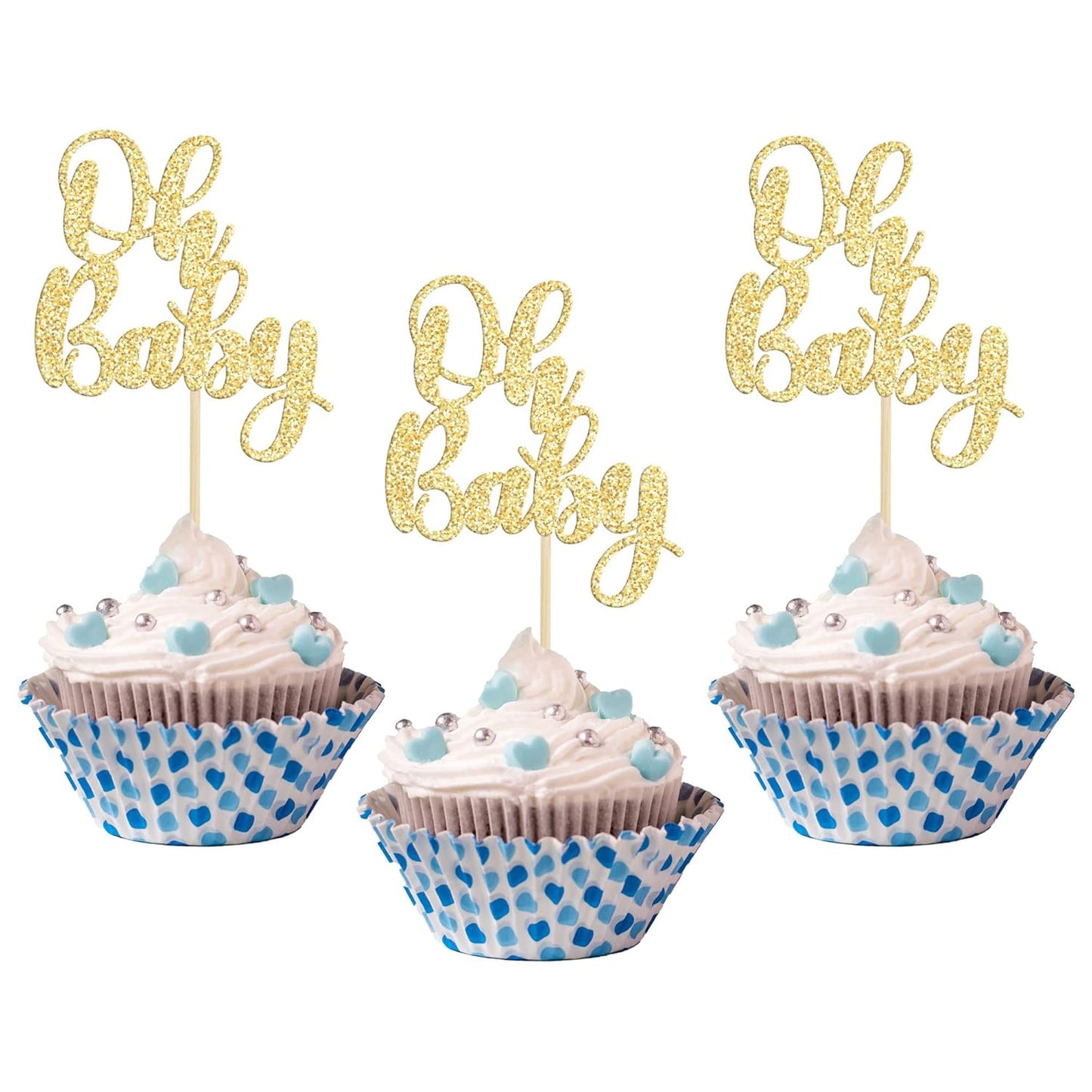 Gyufise 36 Pack Oh Baby Cupcake Toppers Glitter Baby Shower Cupcake Picks Decorations for Celebrating Baby Shower Kids Birthday Party Supplies Gold