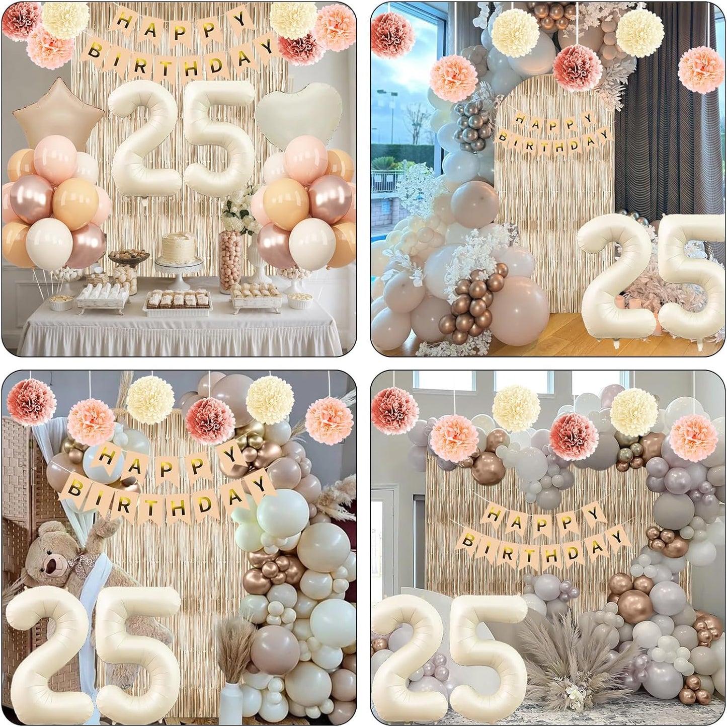 Beige 25th Birthday Decorations for Her Cream Number 25 Balloon Nude Gold Happy Birthday Banner Fringe Curtain Paper Pom Poms Blush White Sand Champagne Star Foil Balloons Neutral Boho Party Decor