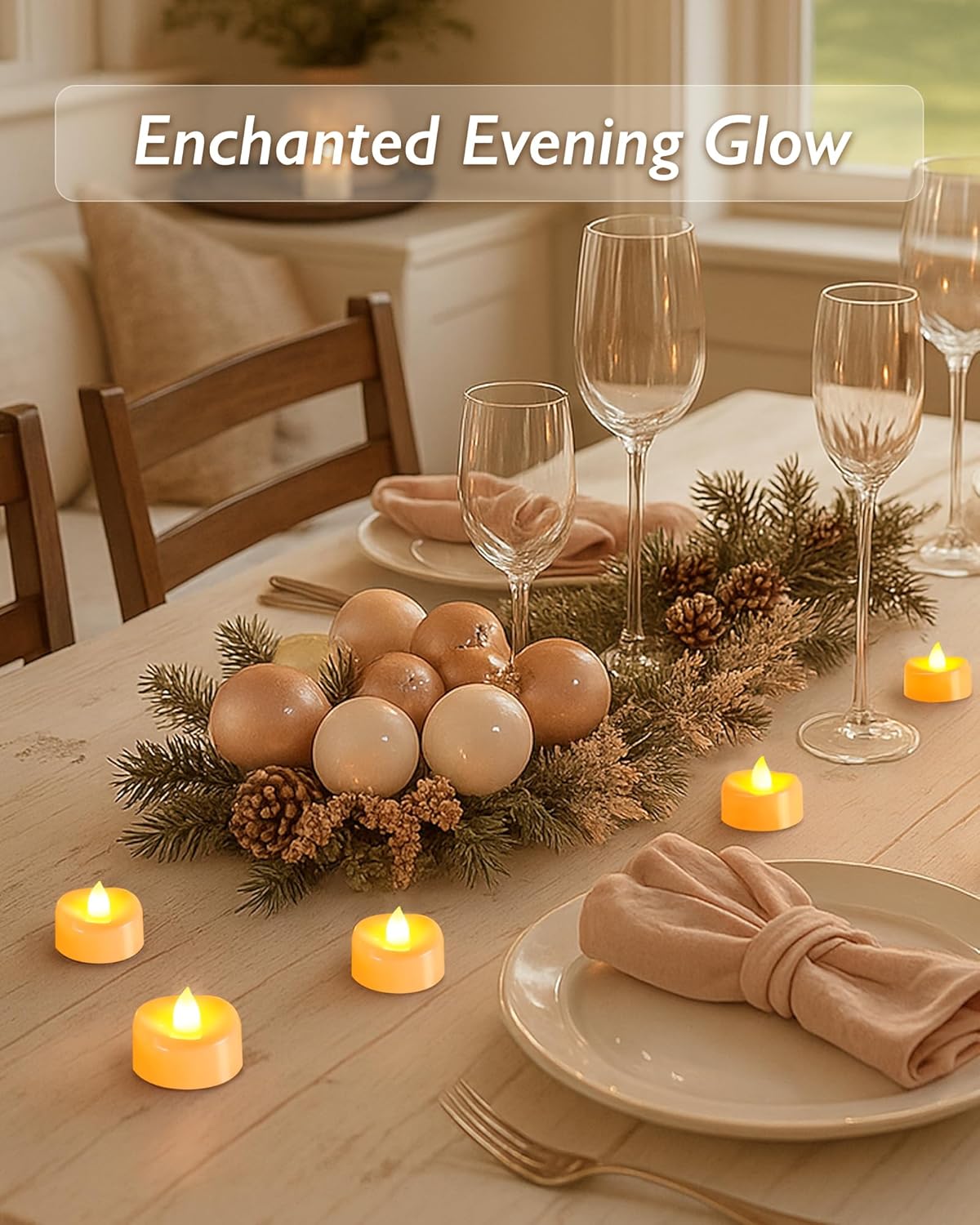 Raycare 100 Pack LED Tea Lights Battery Operated, 200+Hour Flickering Votive Candles, Realistic Fake Flameless TeaLights for Wedding Party Halloween Thanksgiving Christmas Decorations,Ivory Base