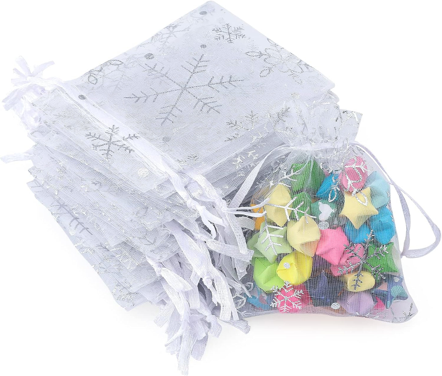 jijAcraft 3x4 Inch Christmas Organza Bags - 50Pcs White Snowflake Gift Bags with Drawstring, Xmas Party Favor Sheer Mesh Pouches for Winter Gift, Candy, Jewelry Bag