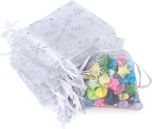 jijAcraft 3x4 Inch Christmas Organza Bags - 50Pcs White Snowflake Gift Bags with Drawstring, Xmas Party Favor Sheer Mesh Pouches for Winter Gift, Candy, Jewelry Bag