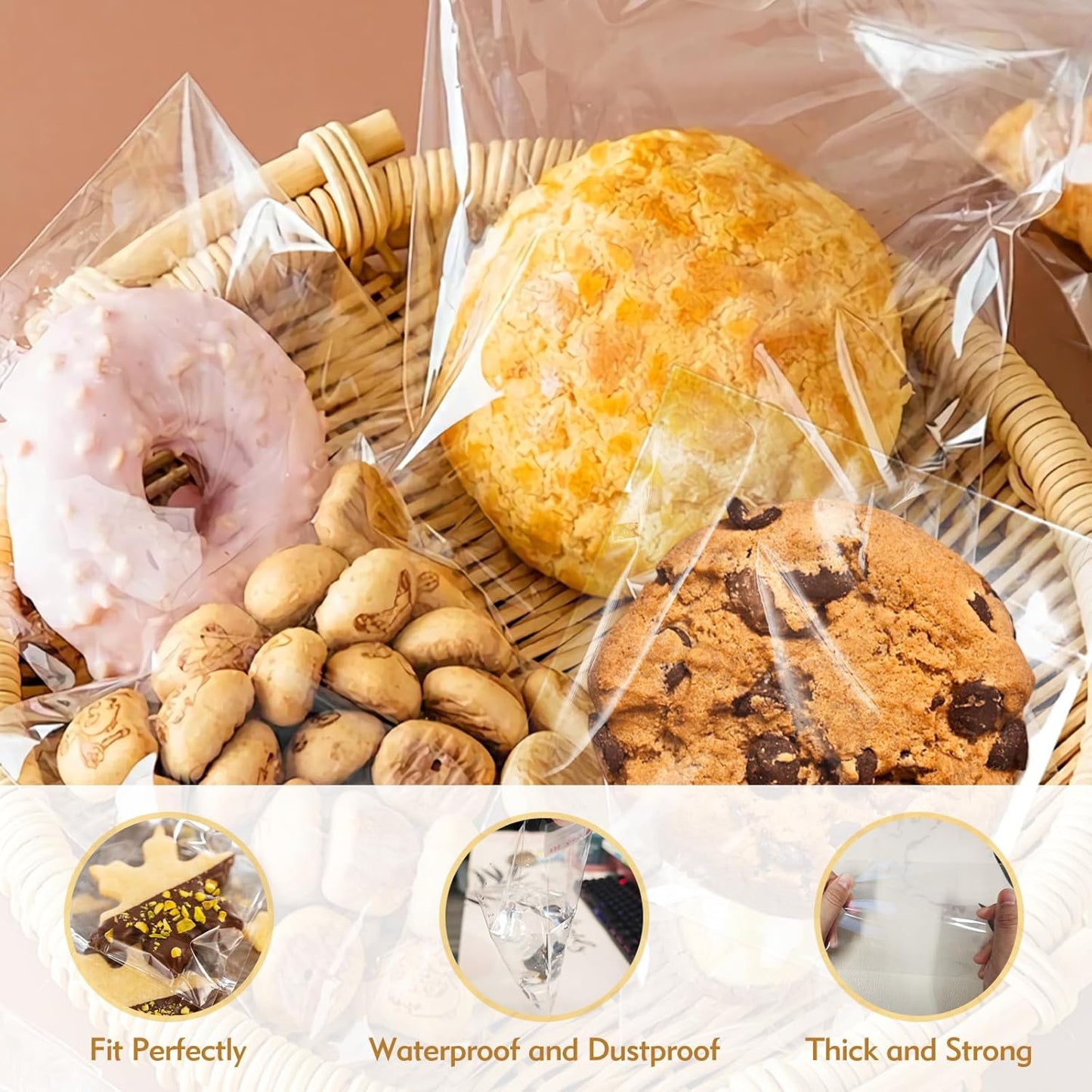 200 Pcs Clear Cellophane Bags 4 x 6 inches Cookie Bags, Self Sealing Cellophane Bags Resealable Cookie & Candy Bags for Party, Christmas, Family Baking Supplies