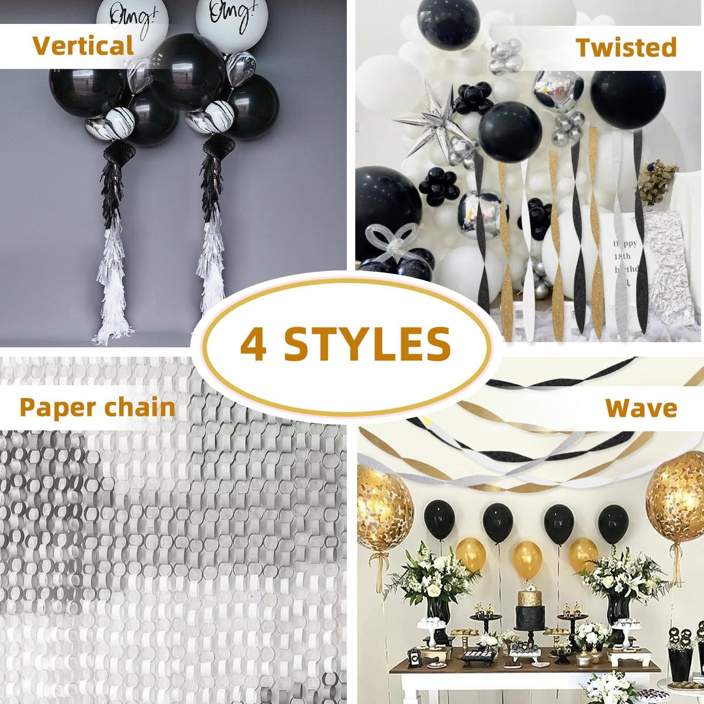 Crepe Paper Streamers 8 Rolls 656ft, Pack of Silver, Black, White and Gold Party Streamers for Christmas Birthday Wedding Baby Shower Backdrop New Years Eve Decorations (1.8Inch x 82Ft/Roll)