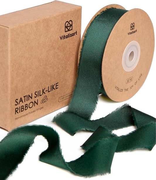 Vitalizart Silk Like Satin Ribbon 1 inch x 30 Yard Dark Green Handmade Frayed Ribbons for Gift Wrapping Baby Shower Wedding Bridal Bouquets Holiday Decor