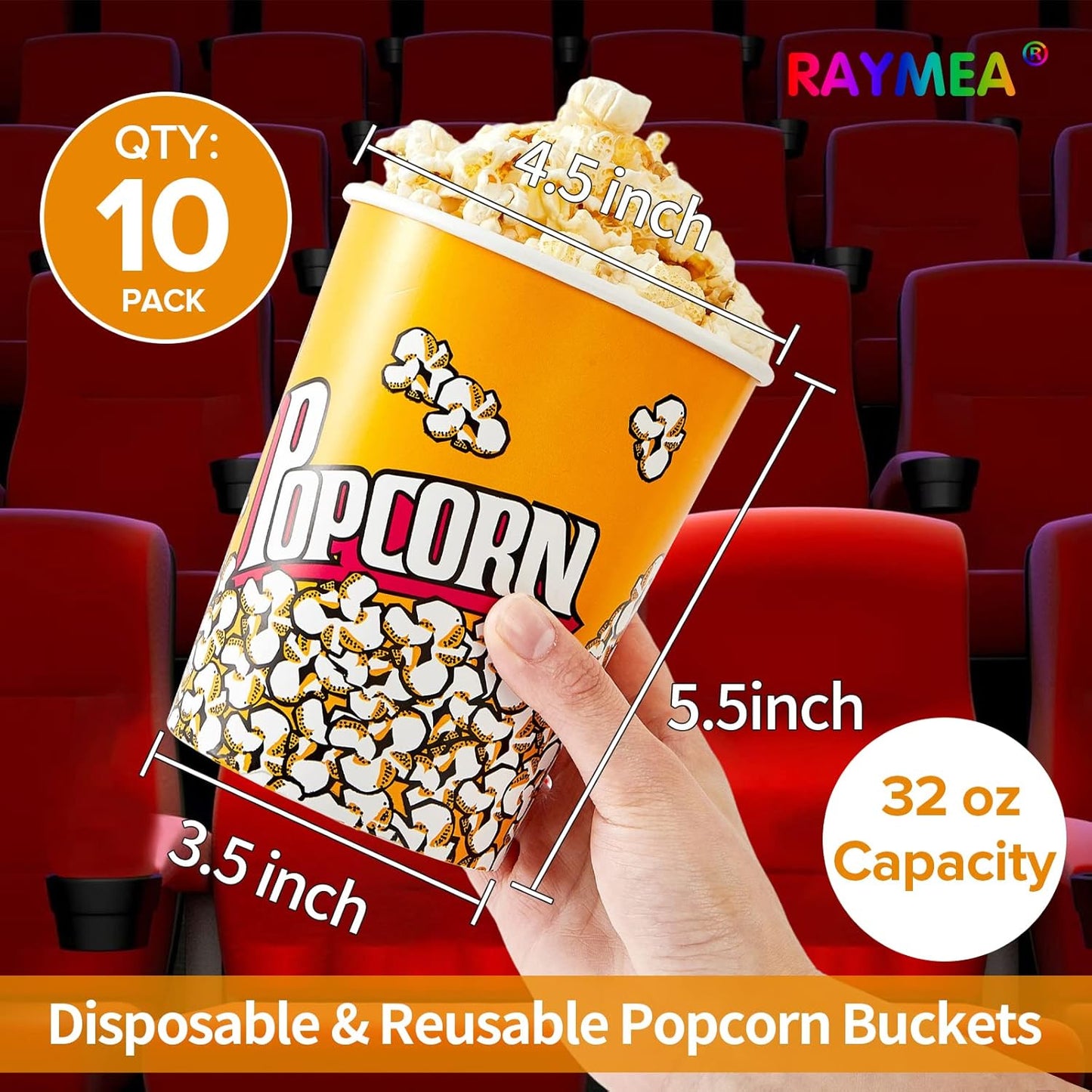 RAYMEA Popcorn Buckets Disposable 32oz Retro Style Paper Leak Proof Popcorn Containers Bowls for Family Movie Night & Party - 10 Pack