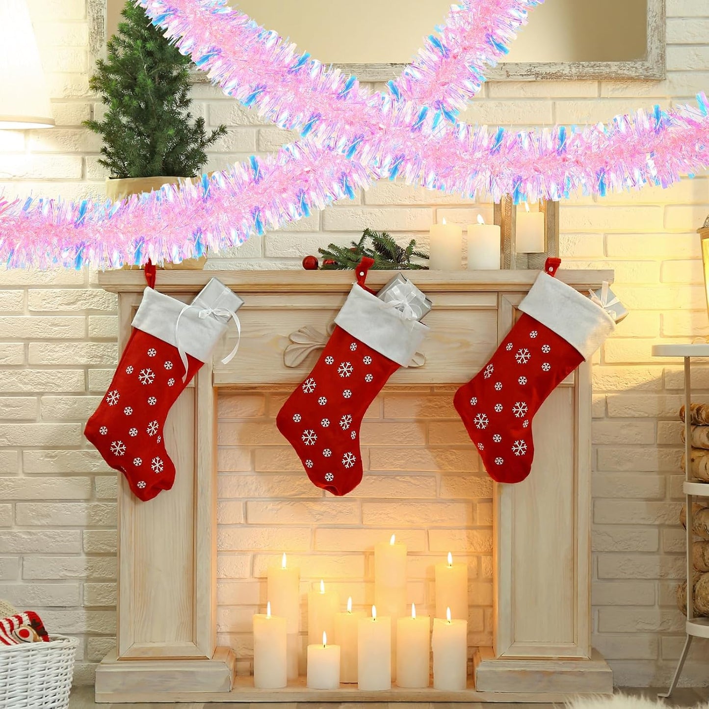 72 Feet Christmas Tinsel Garland Shiny Metallic Tinsel Twist Garland Streamers Ornaments Long Glitter Christmas Tree Hanging Decorations for Party Holiday Wedding Birthday Tree Wall Rail (Pink)