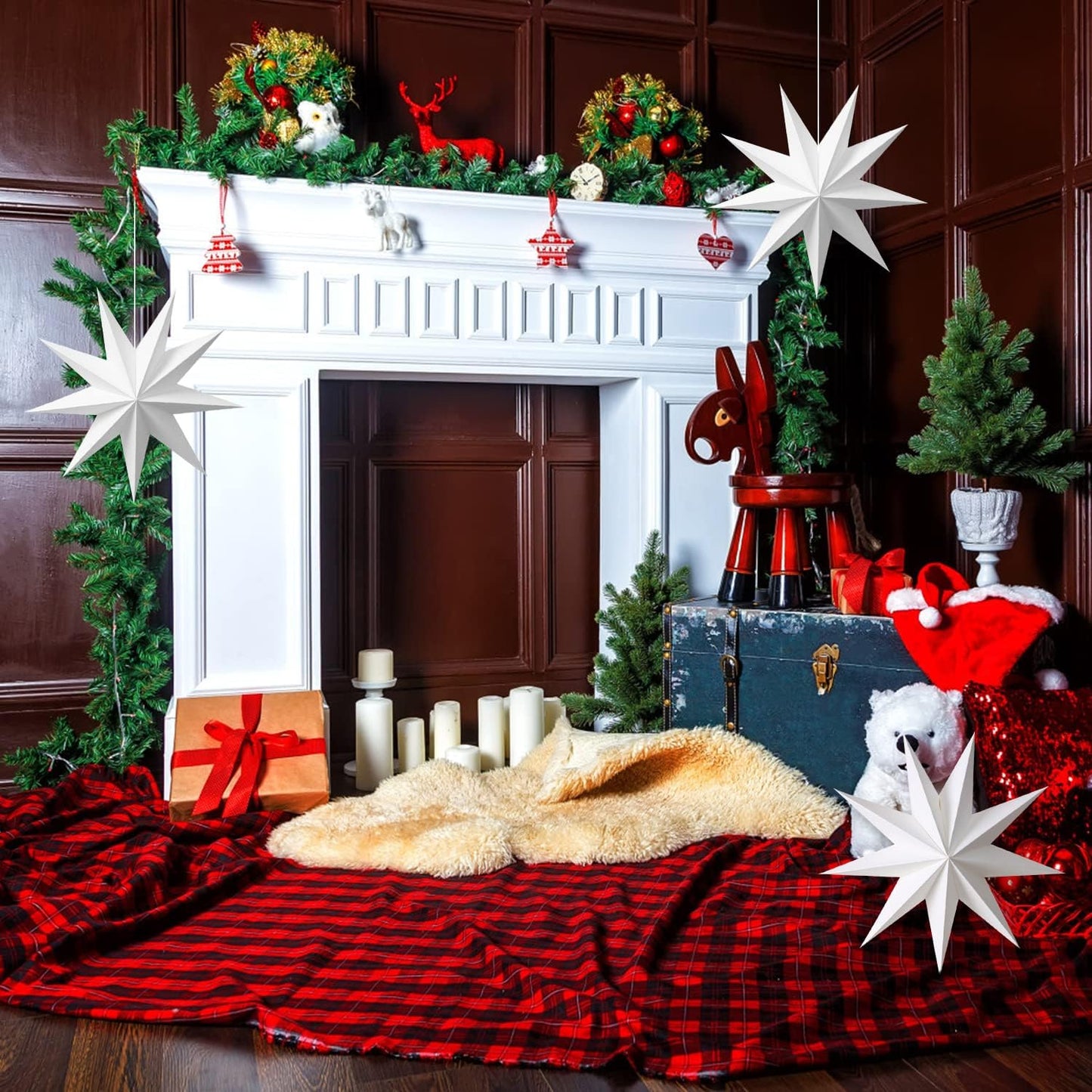 Easy Joy 3Pcs 9-Pointed Paper Star Lanterns 12 Inch Hanging Lampshade Wedding Birthday Christmas Home Party Decoration