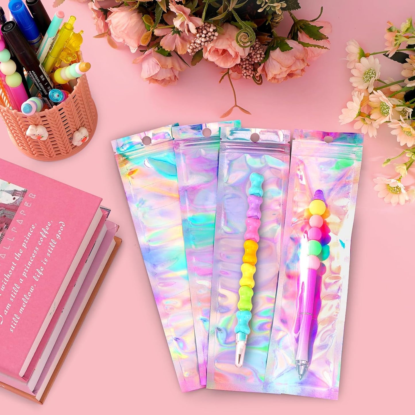 FUNFERY 100 Pack Holographic Bags Clear Window Resealable Bags for Candy Party Favor, Mylar Zipper Bag Stripping Foil Pouch Packaging Bag for Pen,Jewelry,Brushes Small Business Supplies(2.7x9in)