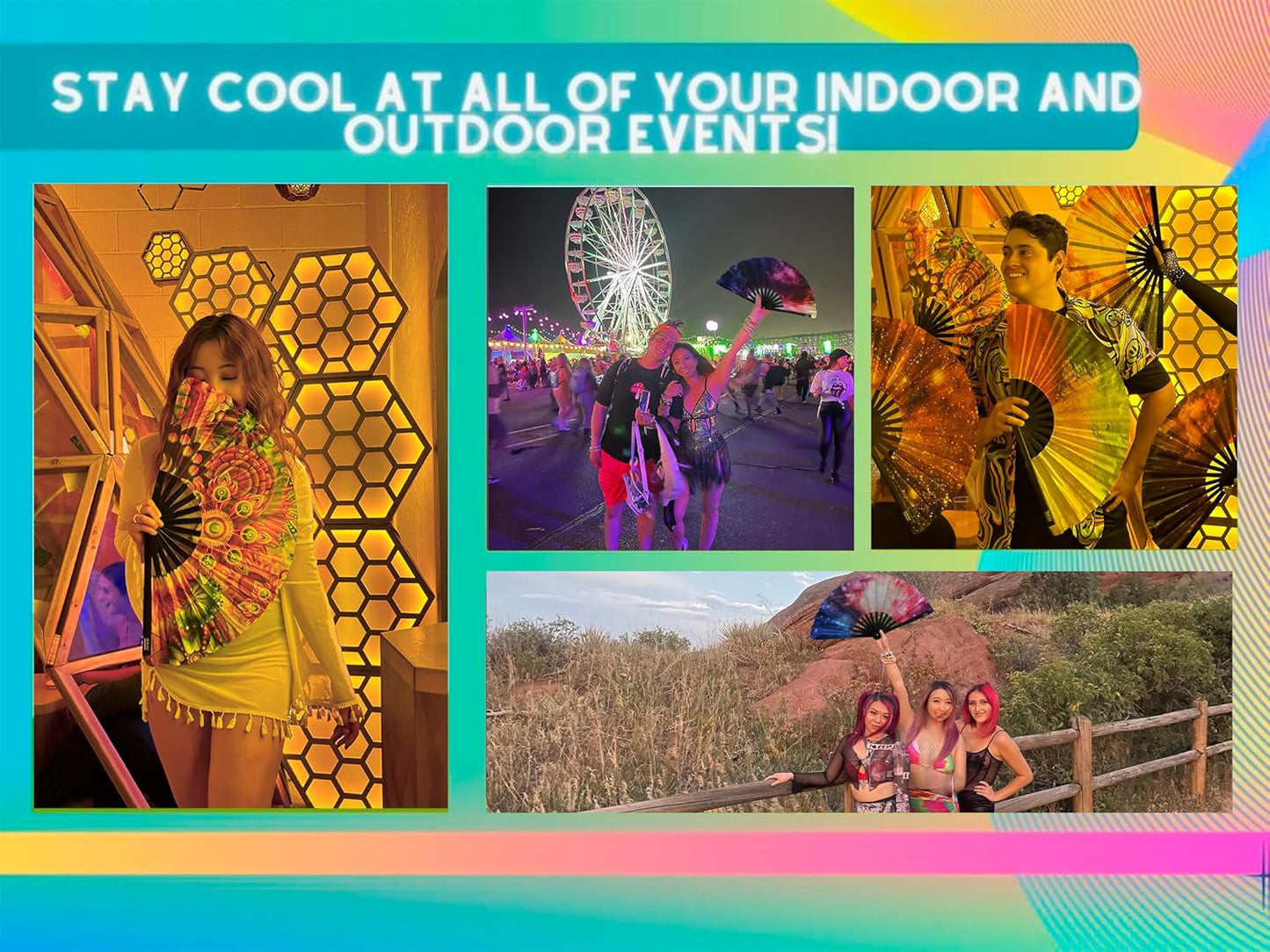 Rave Fan - Large Folding Fans (2 Pack) - Galaxy Rave Accessories for Festivals, EDM, Burlesque, Drag Queen, Raver Gifts