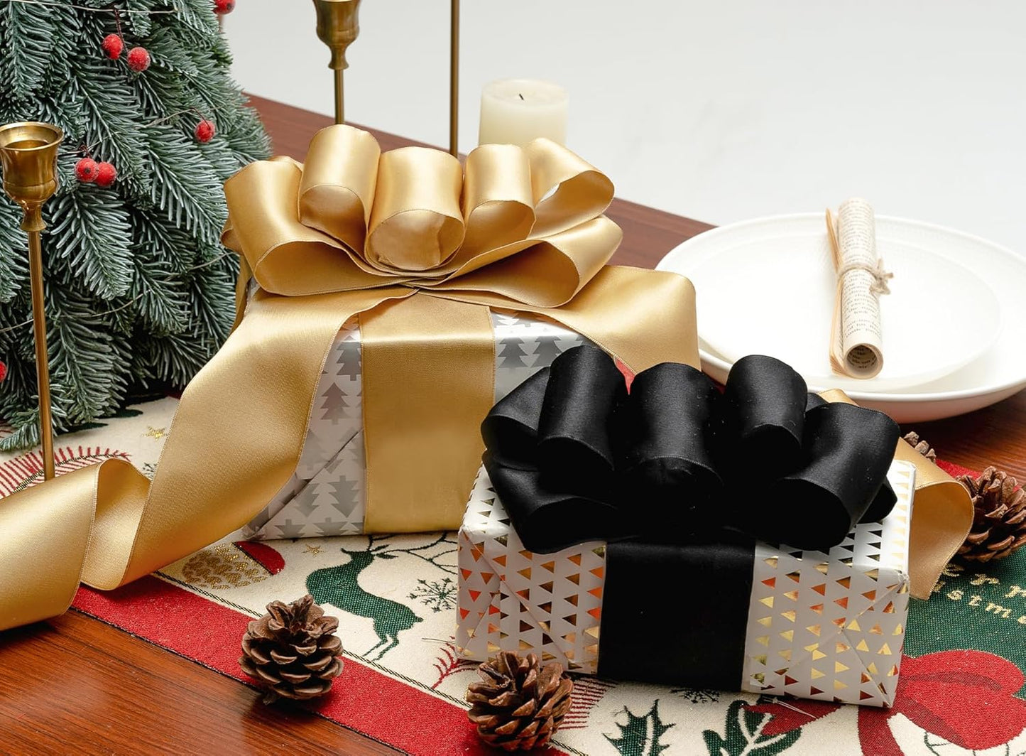 Black Satin Ribbon Double-Faced Wired Ribbons for Gift Wrapping Flower Bouquet Bows Wedding Invitation Christmas Decor Crafts 2-1/2 Inch 10 Yards