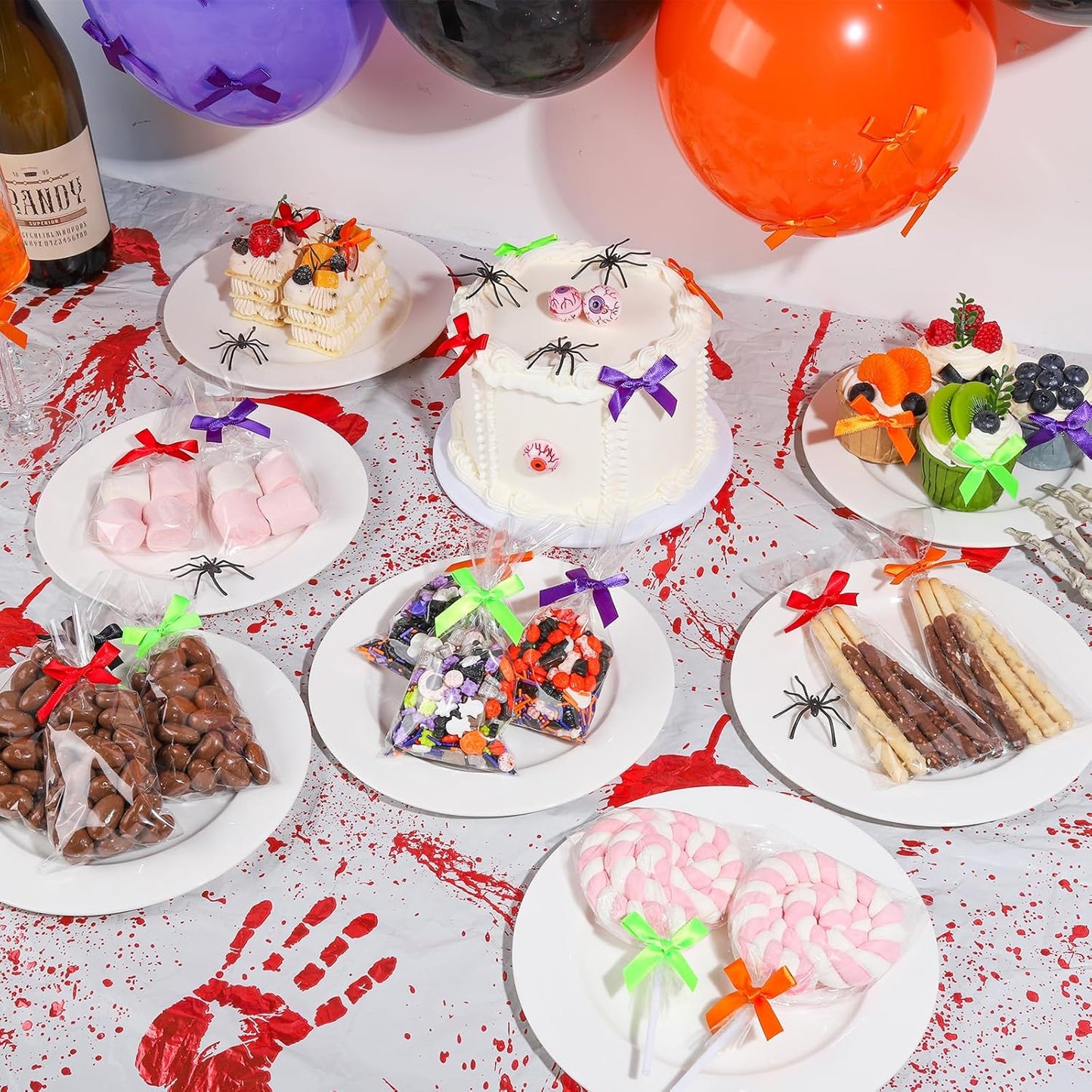 YGDZ Mini Bows, 50 PCS Small Satin Bows for Crafts, Halloween Decor, 5 Colors (Black, Orange, Purple, Red, Green), Tiny Bows for Gift Wrapping