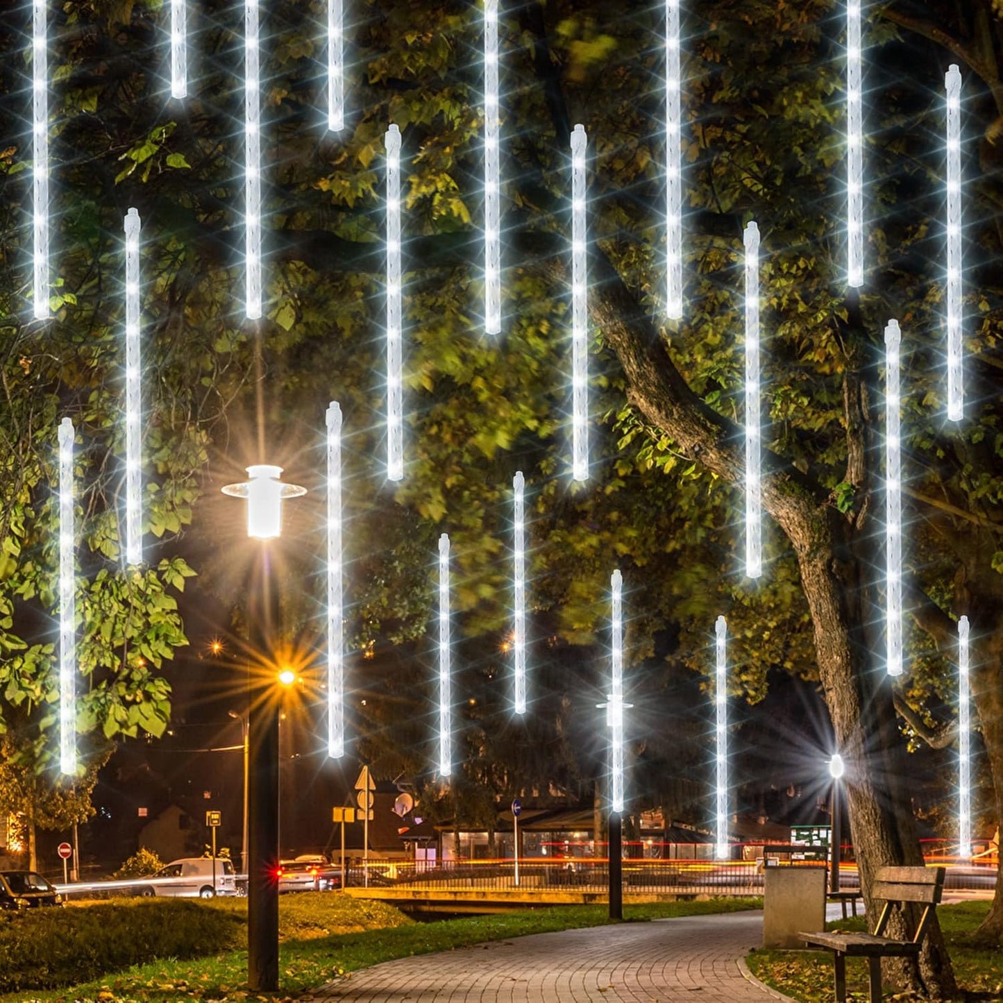 Dazzle Bright Christmas Lights Outdoor, 288LED Meteor Shower Rain Lights 12 Inch 8 Tubes, Waterproof Plug in Falling Icicle Light Christmas Decorations for Xmas Tree Yard House Decor (White)