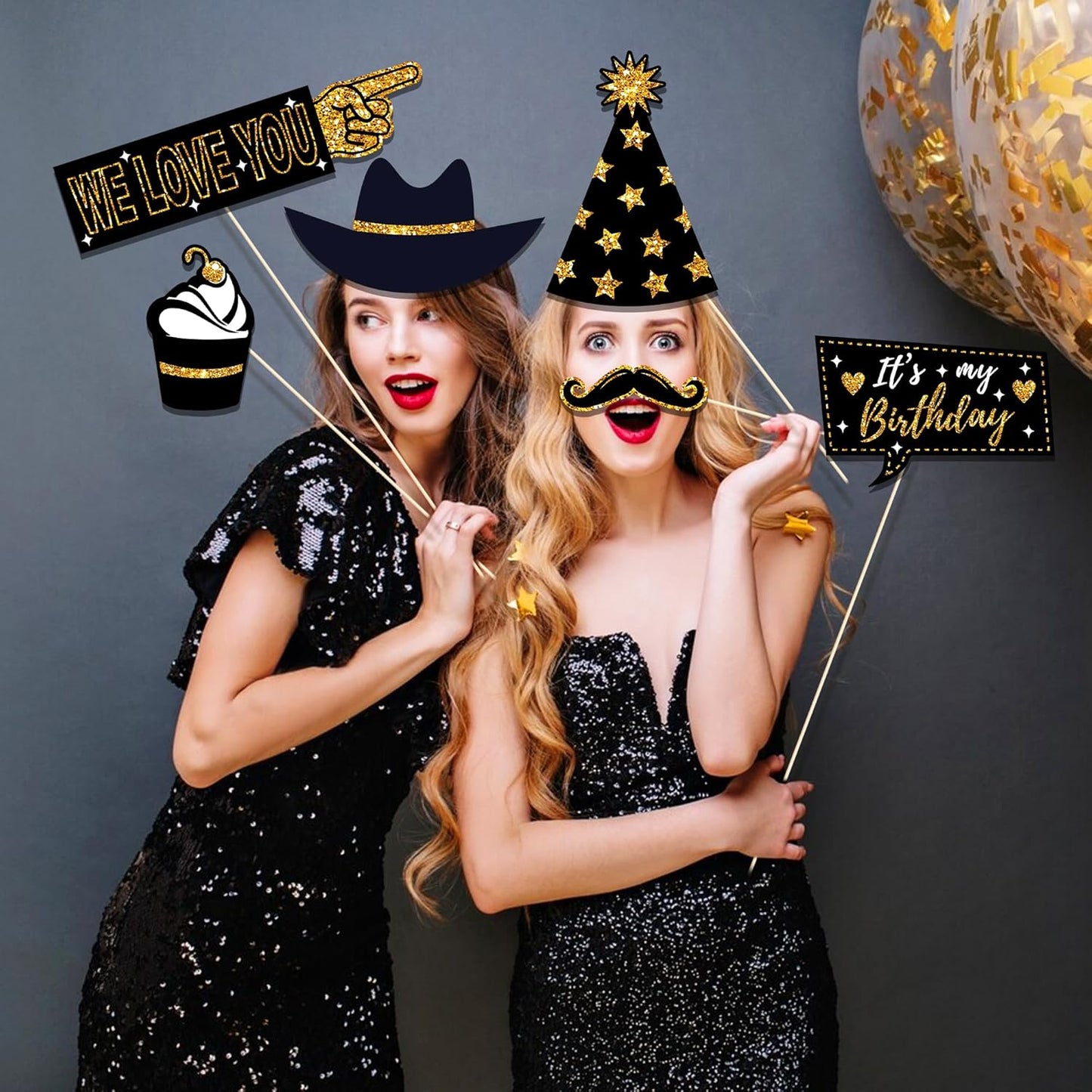 36 PCS Birthday Photo Booth Props Party Supplies Holiday Picture Decorations Photo Booth Props for Birthday Party Favors Pose Sign Kit Fun for Party (Black and Gold)