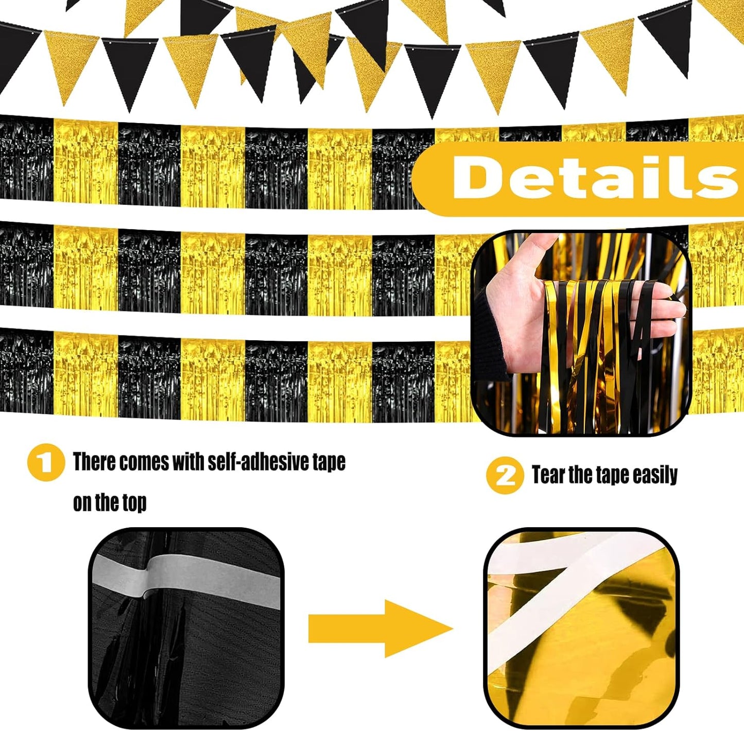 6 Pack 10 Feet Black Gold Foil Fringe Garland Metallic Tinsel Streamers Banner Wall Hanging Curtain Backdrop Banner for Parade Floats, Thanksgiving, Christmas, Birthday, Halloween Party Decorations