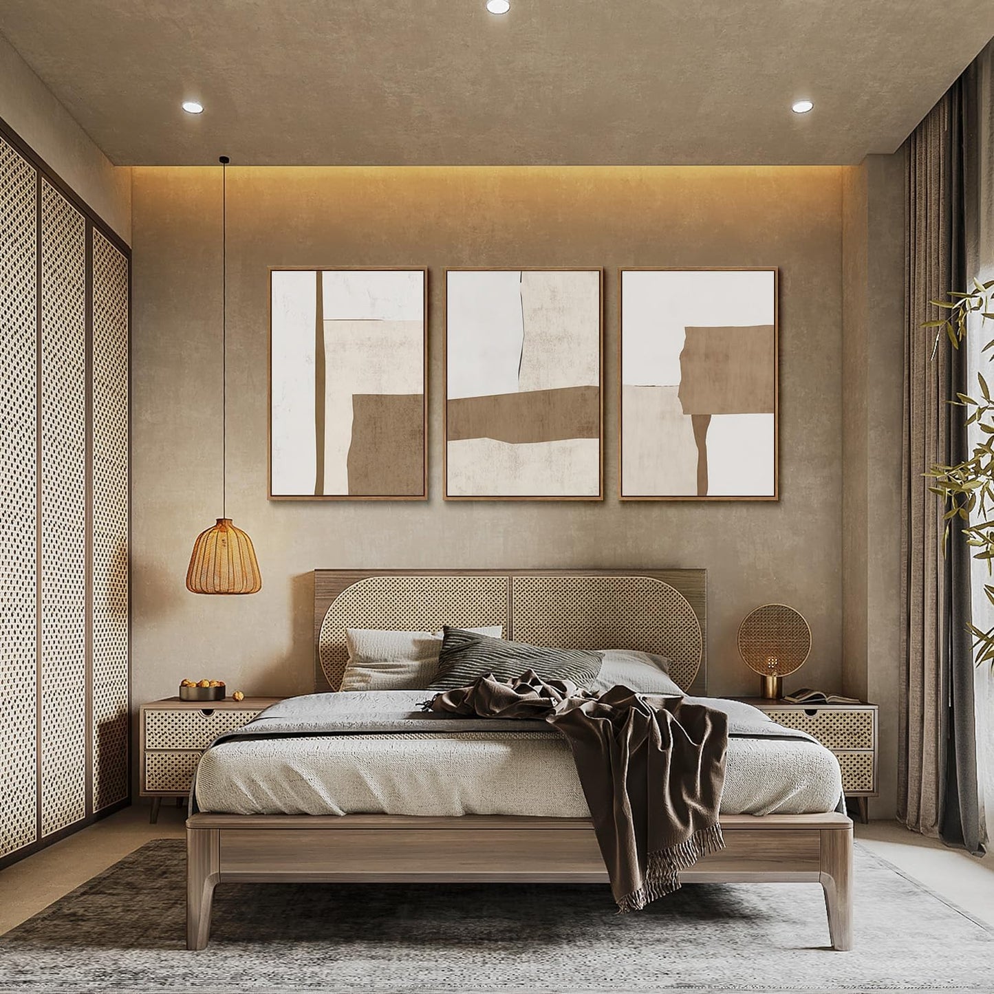 myusuar 3 Piece Large Modern Abstract Canvas Framed Wall Art For Living Room, Brown And Beige Block Minimalist Wall Art Decor Posters Prints For Bedroom Office, 16x24in