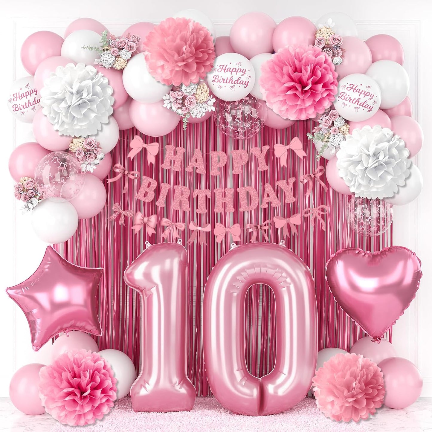 10th Birthday Decorations for Girls Pink Number 10 Balloon Bow Coquette Happy Birthday Banner Fringe Curtain Paper Pom Poms Star Heart Foil Pink White Balloons 10 Year Old Party Decor
