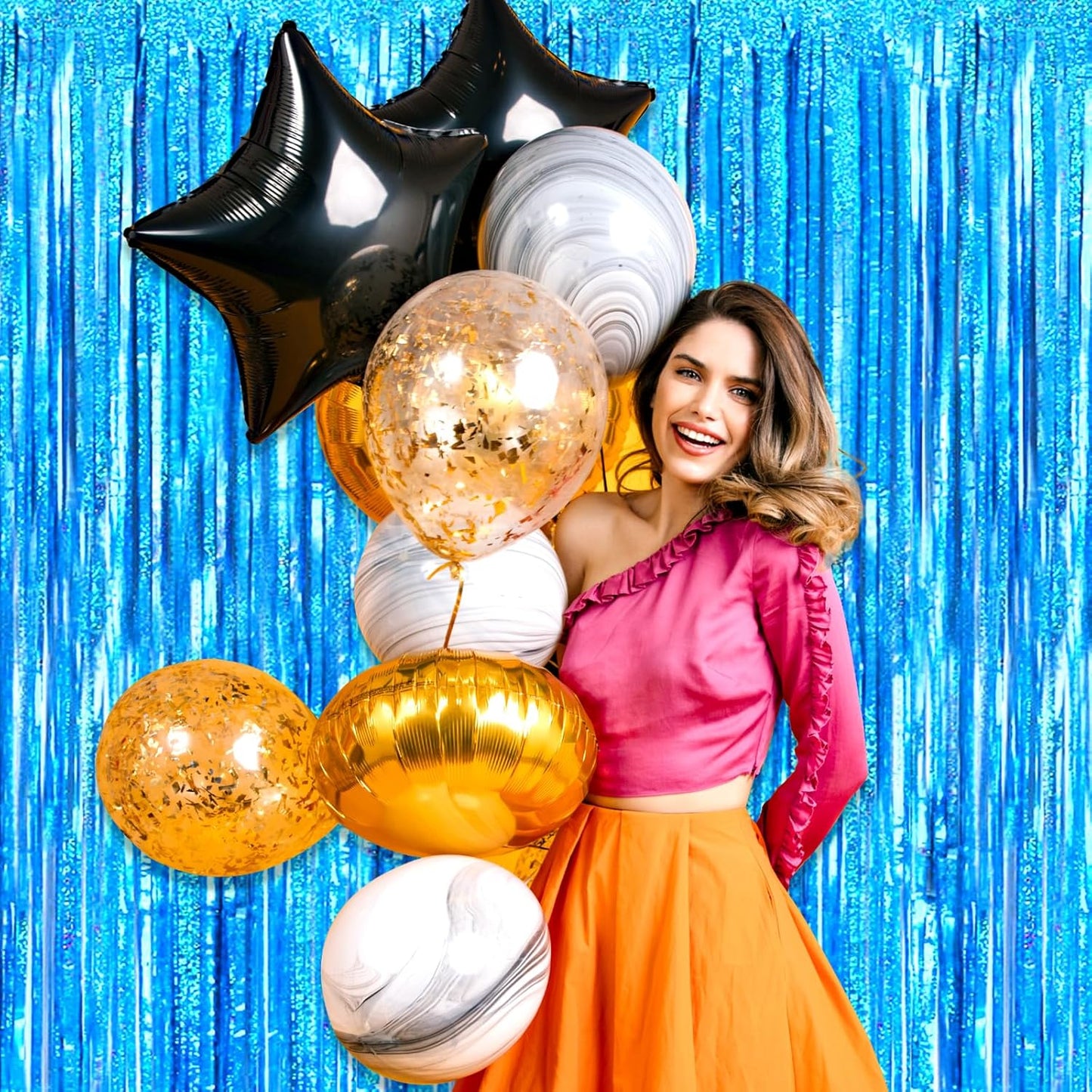 3 Pack Lake Blue Foil Fringe Curtain Backdrop, 3.28Ft x 8.2Ft Metallic Tinsel Foil Fringe Streamer Curtains for Photo Booth, Mother's Day, Easter, Birthday, Wedding Party Decorations