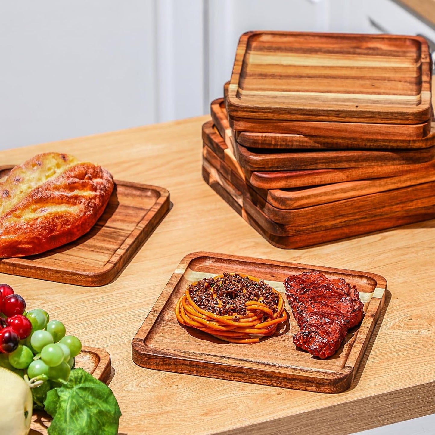 Roshtia 12 Pcs Wooden Plates Square Acacia Wood Charcuterie Board Wedding Dinner Serving Tray Charger Appetizer Kitchen Platter Cheese Steak Tableware Gift for Snack Dessert Salad Fruit (8 Inch)