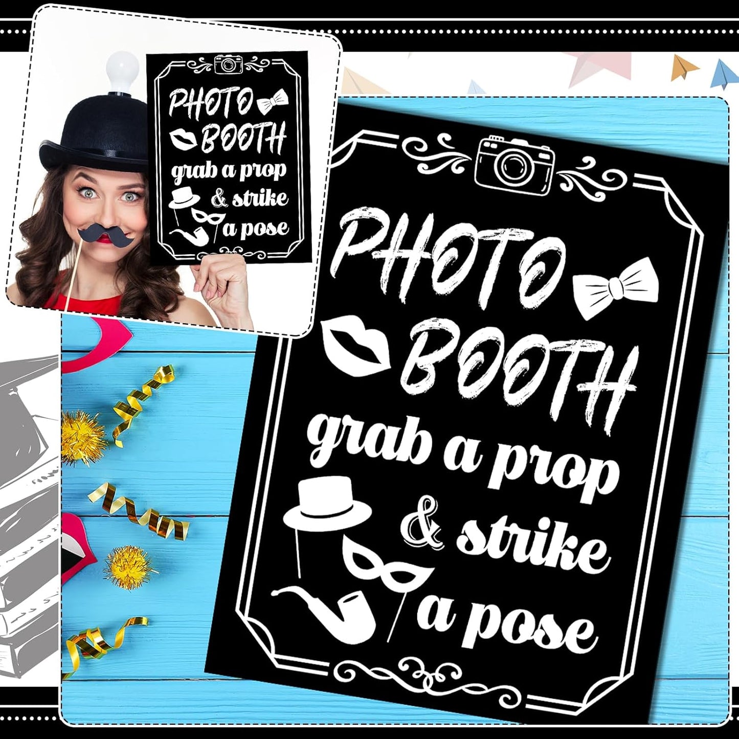 Photo Booth Sign with Stand Retro Background Table for Indoor and Outdoor Party Theme Event Photography Props Desktop Decoration Supplies