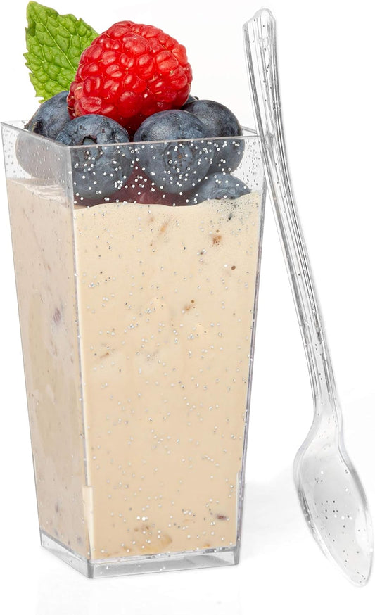 Ilyapa 3oz Plastic Dessert Cups - 100 Pack Mini Dessert Cups with Spoons - Clear Reusable Small Appetizer Cup for Cheesecake Shooters, Chocolate Mousse - Party and Catering Supplies - Square Silver