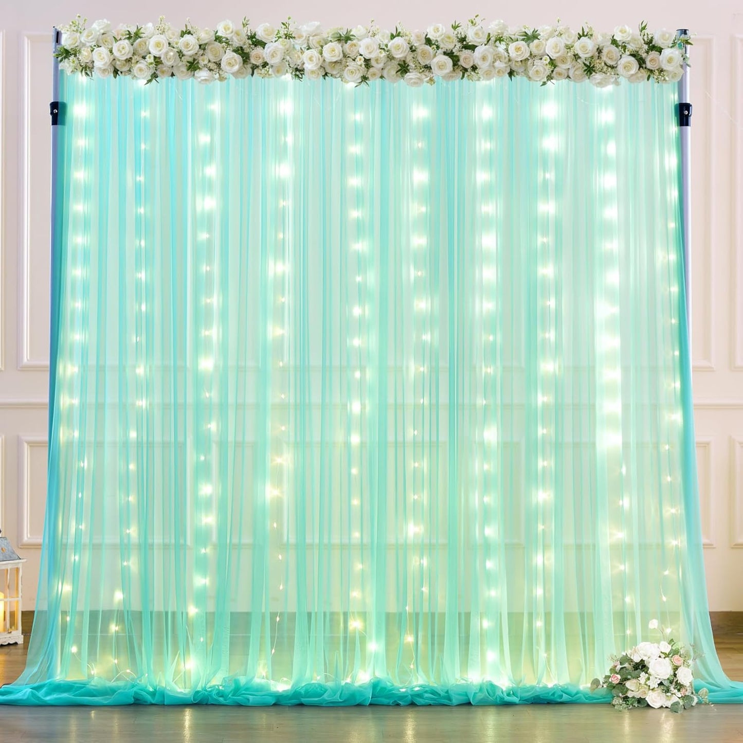 Sage Green Tulle Backdrop Curtains with Lights String for Parites 10x8ft Sheer Backdrop Curtains Drapes for Birthday Party Bridal Shower Baby Shower Christmas Wall Photo Booth Background Decorations