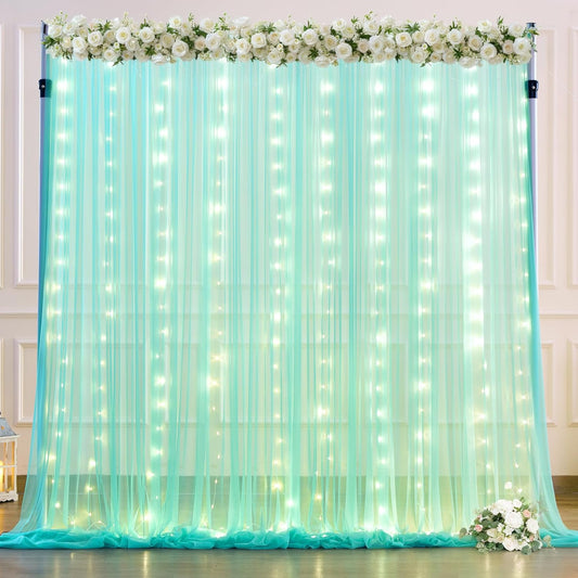 Sage Green Tulle Backdrop Curtains with Lights String for Parites 10x8ft Sheer Backdrop Curtains Drapes for Birthday Party Bridal Shower Baby Shower Christmas Wall Photo Booth Background Decorations
