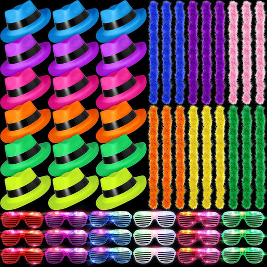 54 Pieces Neon Party Supplies Glow in The Dark Parties Supplies 18 Pcs Neon Gangster Party Hats 18 Pcs Light up Glasses with Colorful Feather Boas for Halloween 80's Raves Carnival Hora Loca Parties