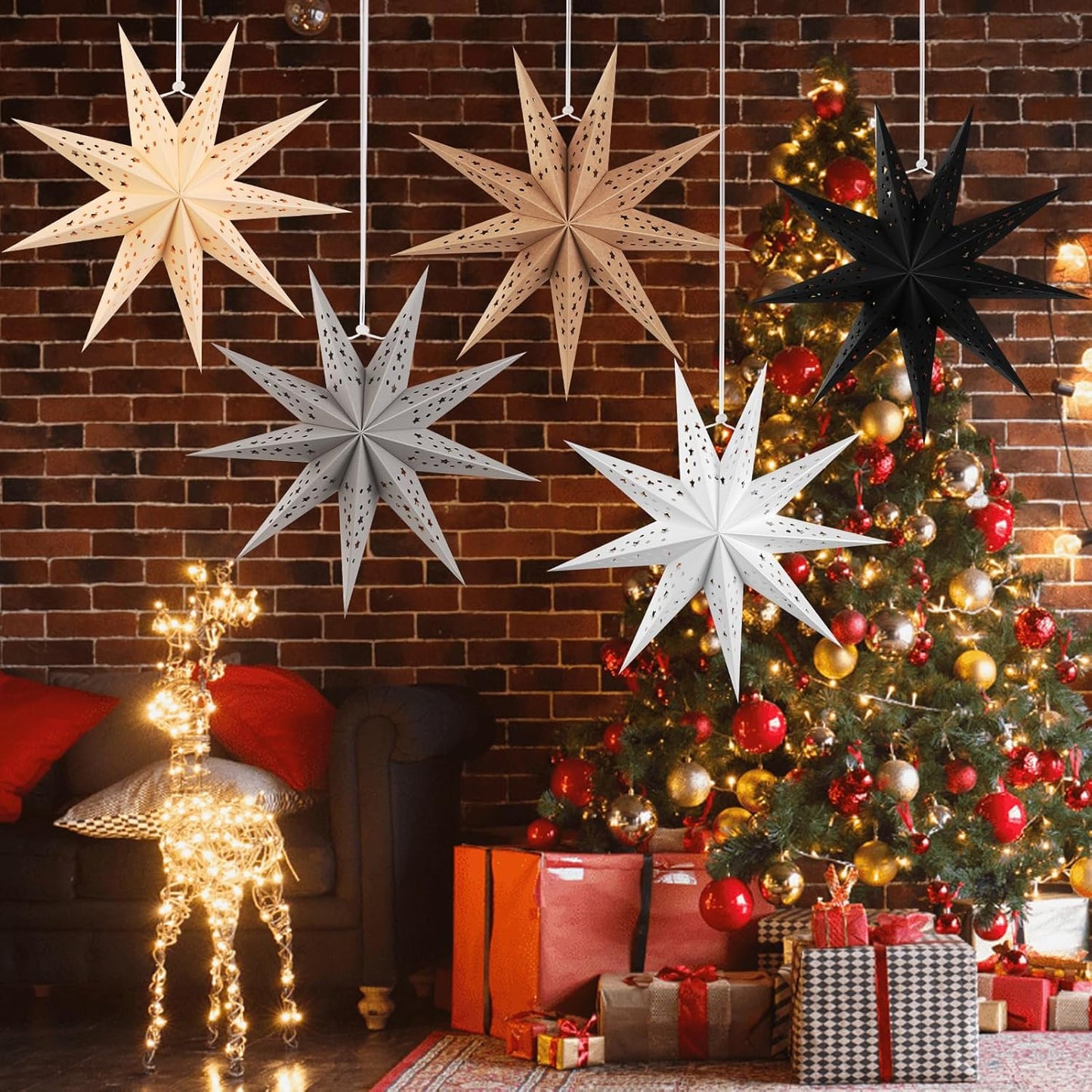 EASY JOY 5pcs 9-Pointed Paper Star Decoration Christmas Party Decorations Hanging Star Decoration Grey Brown Black 12 Inch 3D Paper Star Lantern for Christmas Home Party Wedding Birthday
