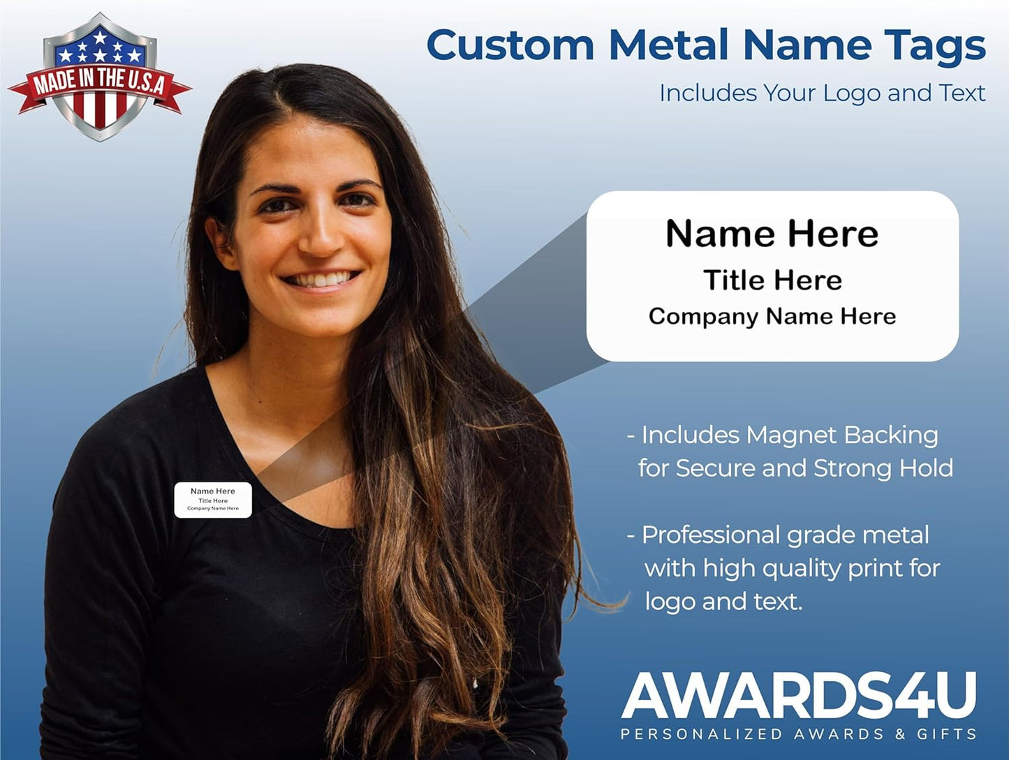 Custom Name Tag - Personalized Name Badge with Magnet Backing - Choose Your Size and Color (White Metal 3"x1.5" - No Logo)