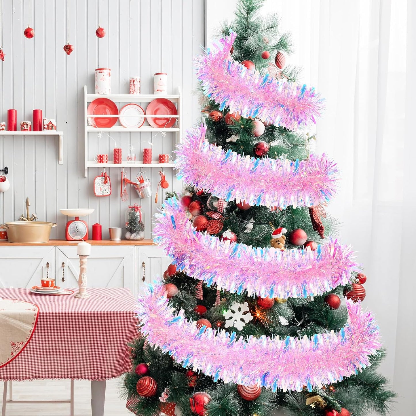 72 Feet Christmas Tinsel Garland Shiny Metallic Tinsel Twist Garland Streamers Ornaments Long Glitter Christmas Tree Hanging Decorations for Party Holiday Wedding Birthday Tree Wall Rail (Pink)